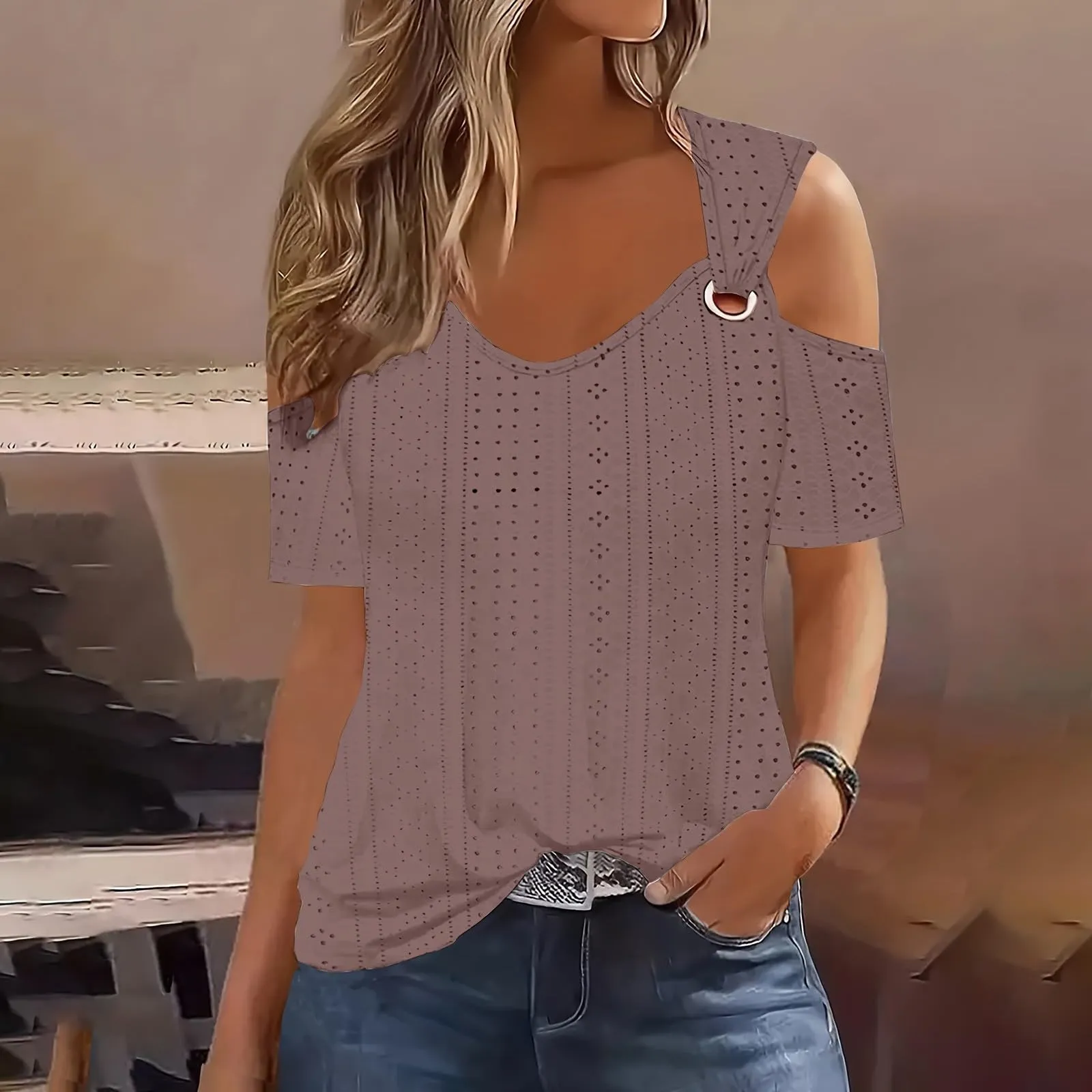 Uwdiohq Bluse Donna Maniche Corte in Cotone Top Schiena Scoperta Camicette Eleganti Curvy T-Shirt - immagine 2