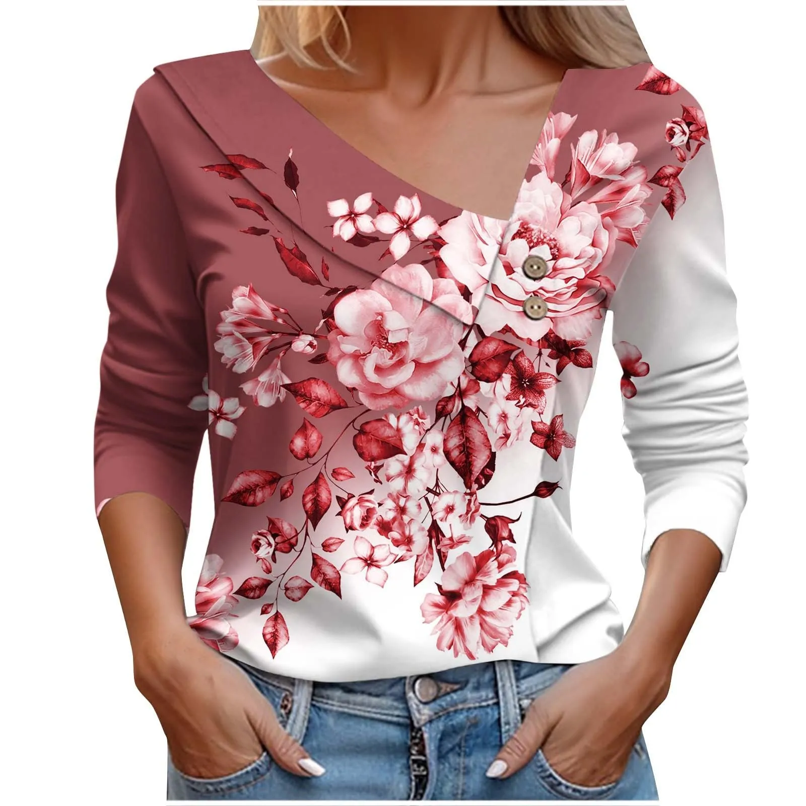 Uwdiohq T-Shirt Stampata Casual Donna Maniche Lunghe Scollo V Primavera Estate - immagine 1
