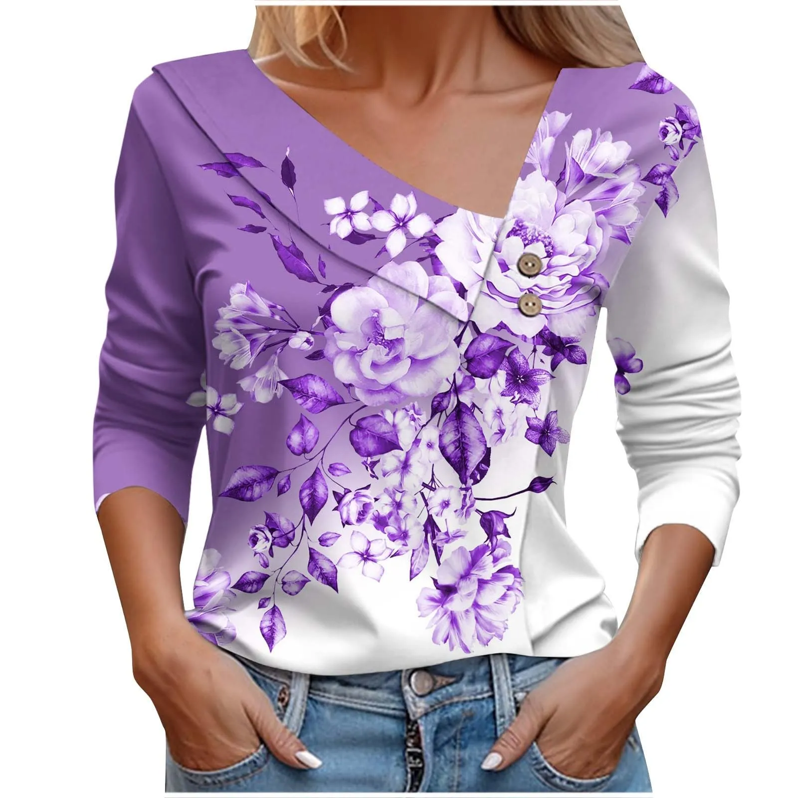 Uwdiohq T-Shirt Stampata Casual a Maniche Lunghe con Scollo a V Donna - immagine 1