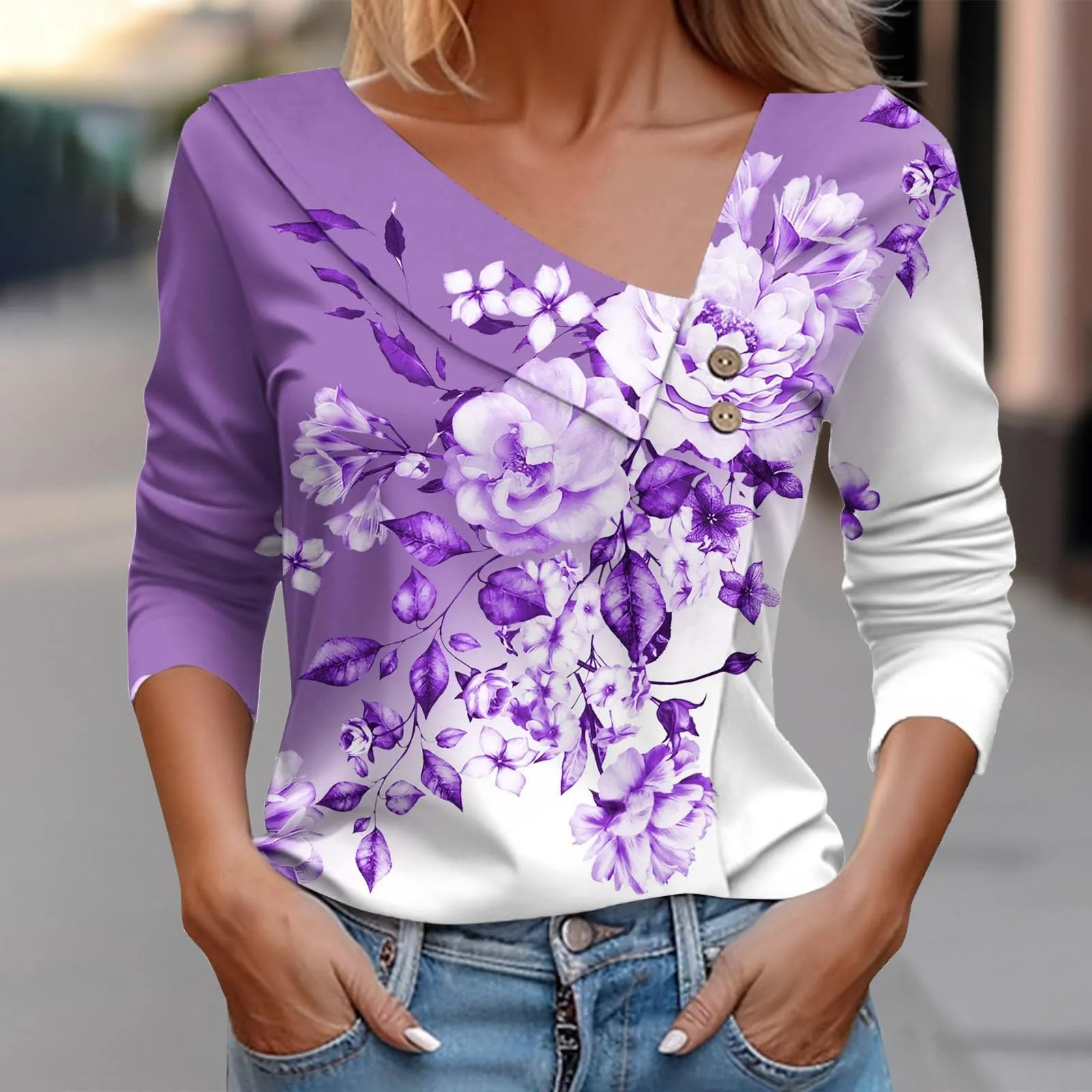 Uwdiohq T-Shirt Stampata Casual a Maniche Lunghe con Scollo a V Donna - immagine 3