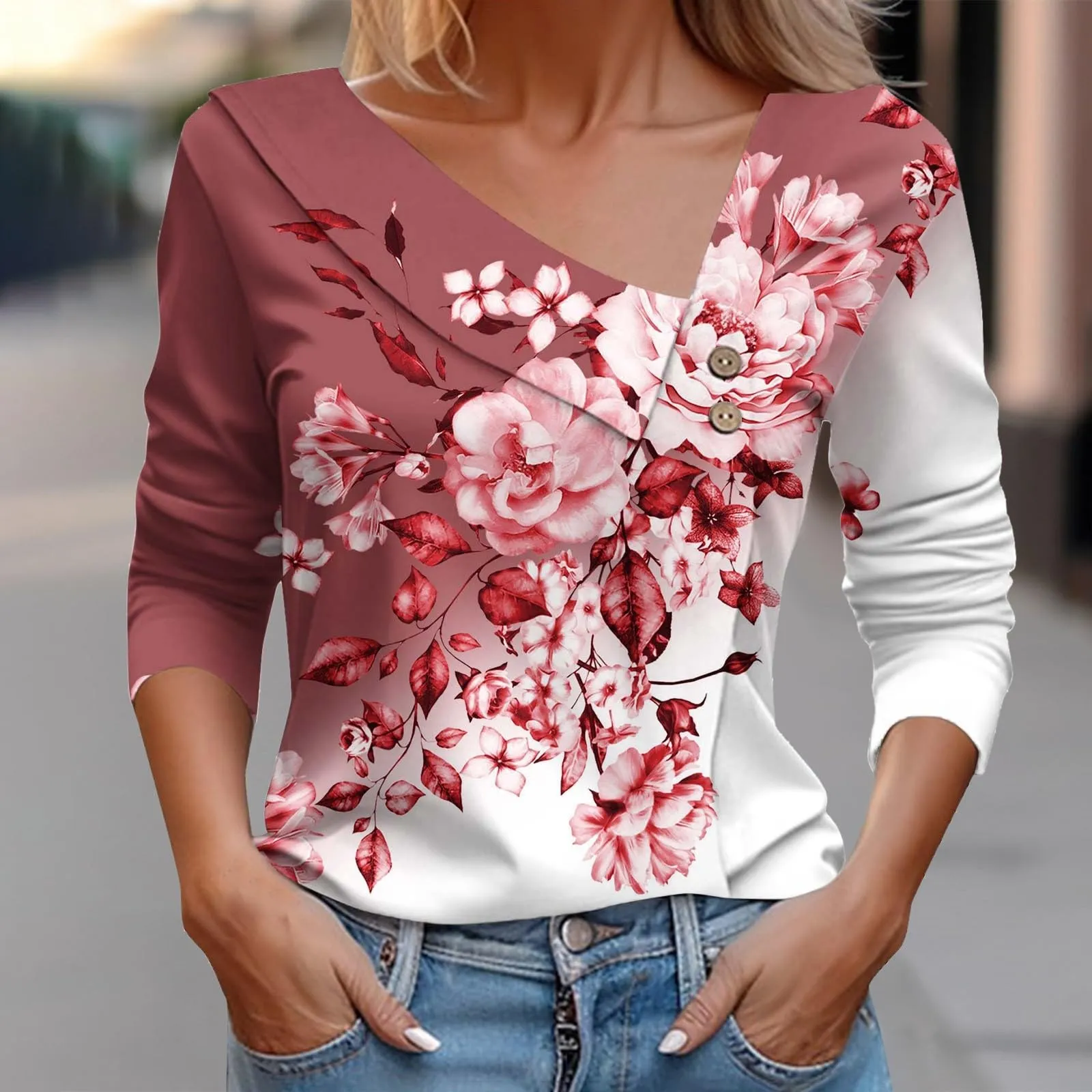 Uwdiohq T-Shirt Stampata Casual Donna Maniche Lunghe Scollo A V Primavera/Estate - immagine 3
