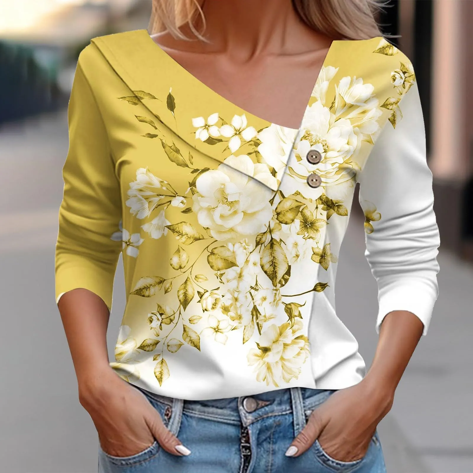 Uwdiohq T-Shirt Stampata Casual Donna Scollo a V Maniche Lunghe Primavera/Estate - immagine 3