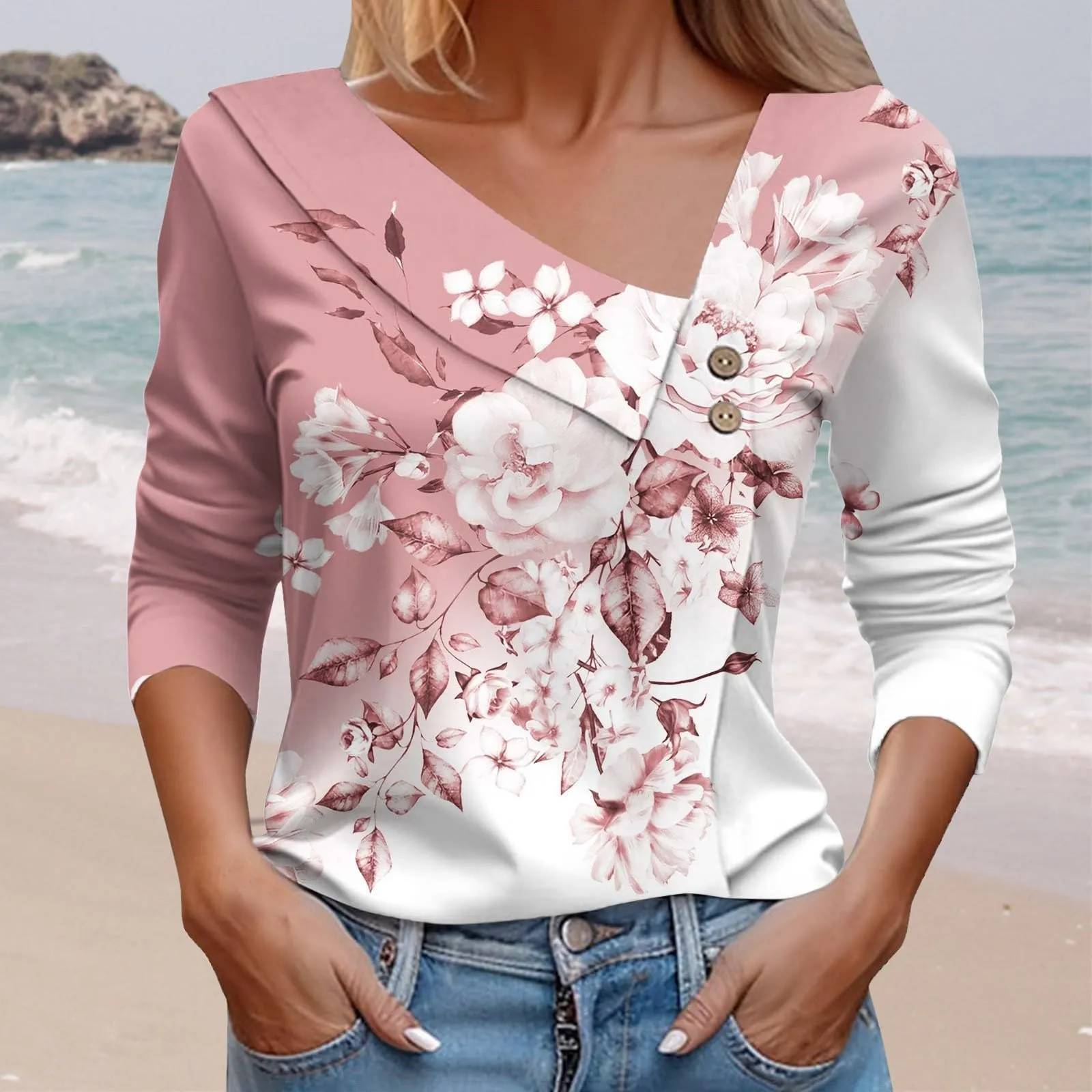 Uwdiohq T-Shirt Stampata Casual a Maniche Lunghe con Scollo a V da Donna - immagine 2