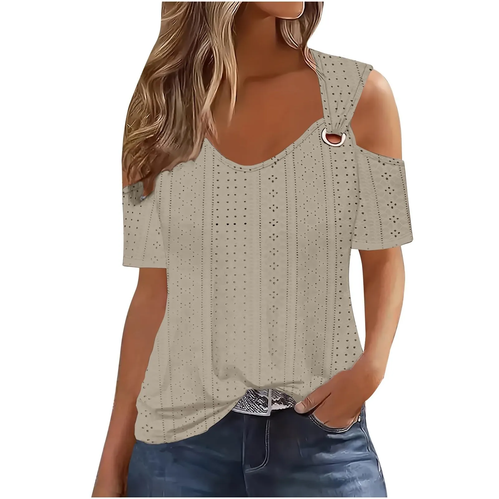 Uwdiohq Blusa Elegante in Cotone Manica Corta Donna Crop Top Azzurro - immagine 1