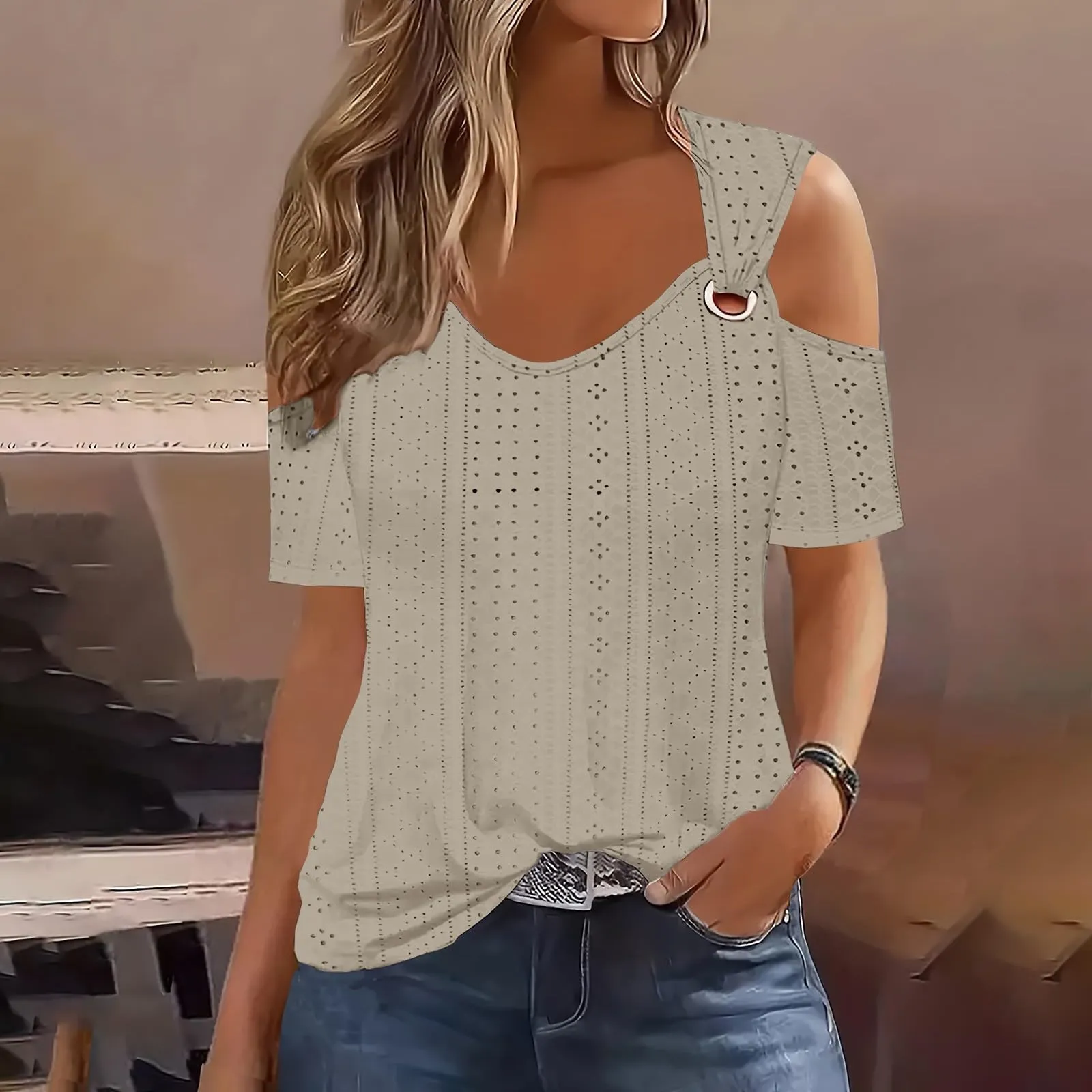 Uwdiohq Blusa Elegante in Cotone Manica Corta Donna Crop Top Azzurro - immagine 2