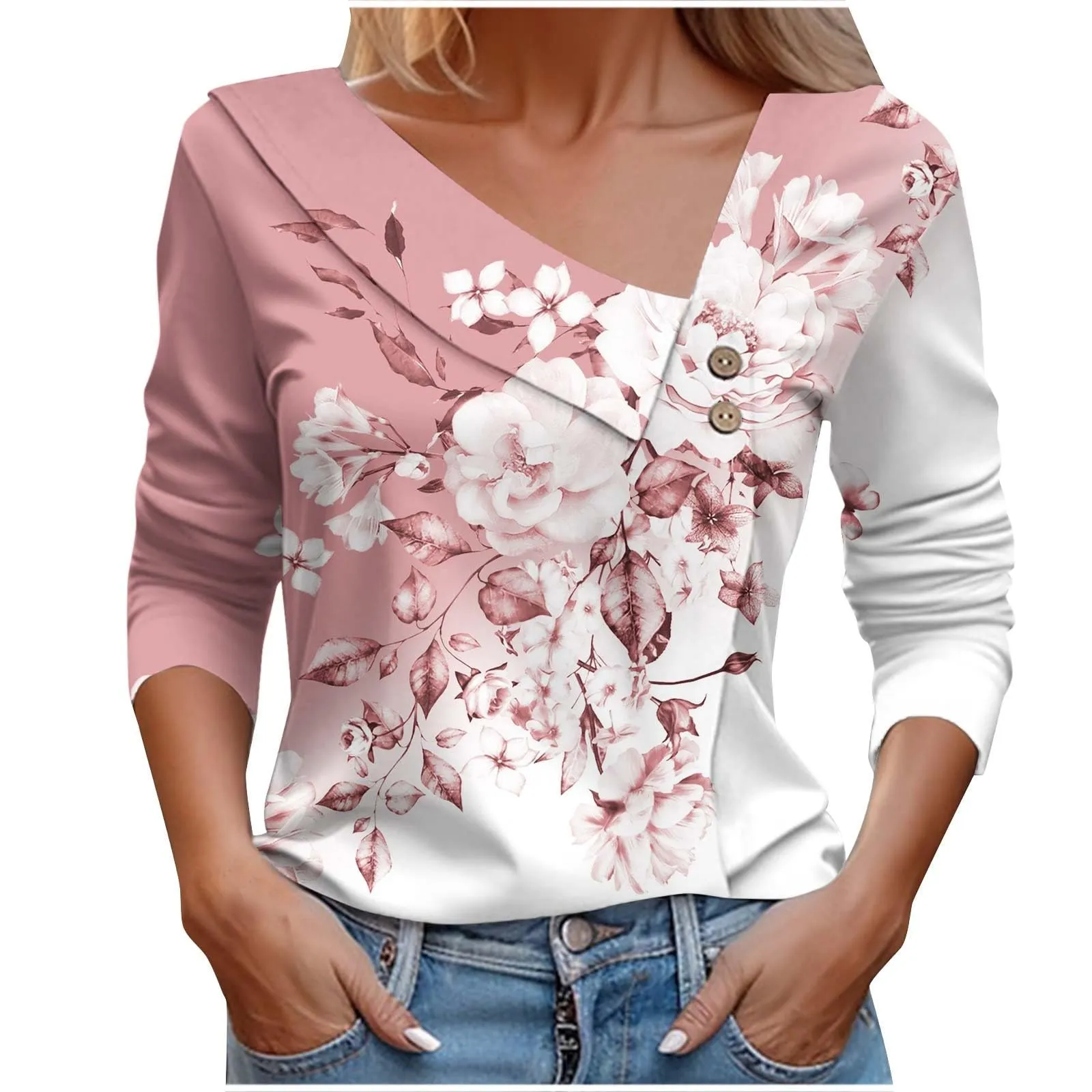 Uwdiohq T-Shirt Stampata Casual a Maniche Lunghe con Scollo a V da Donna - immagine 1