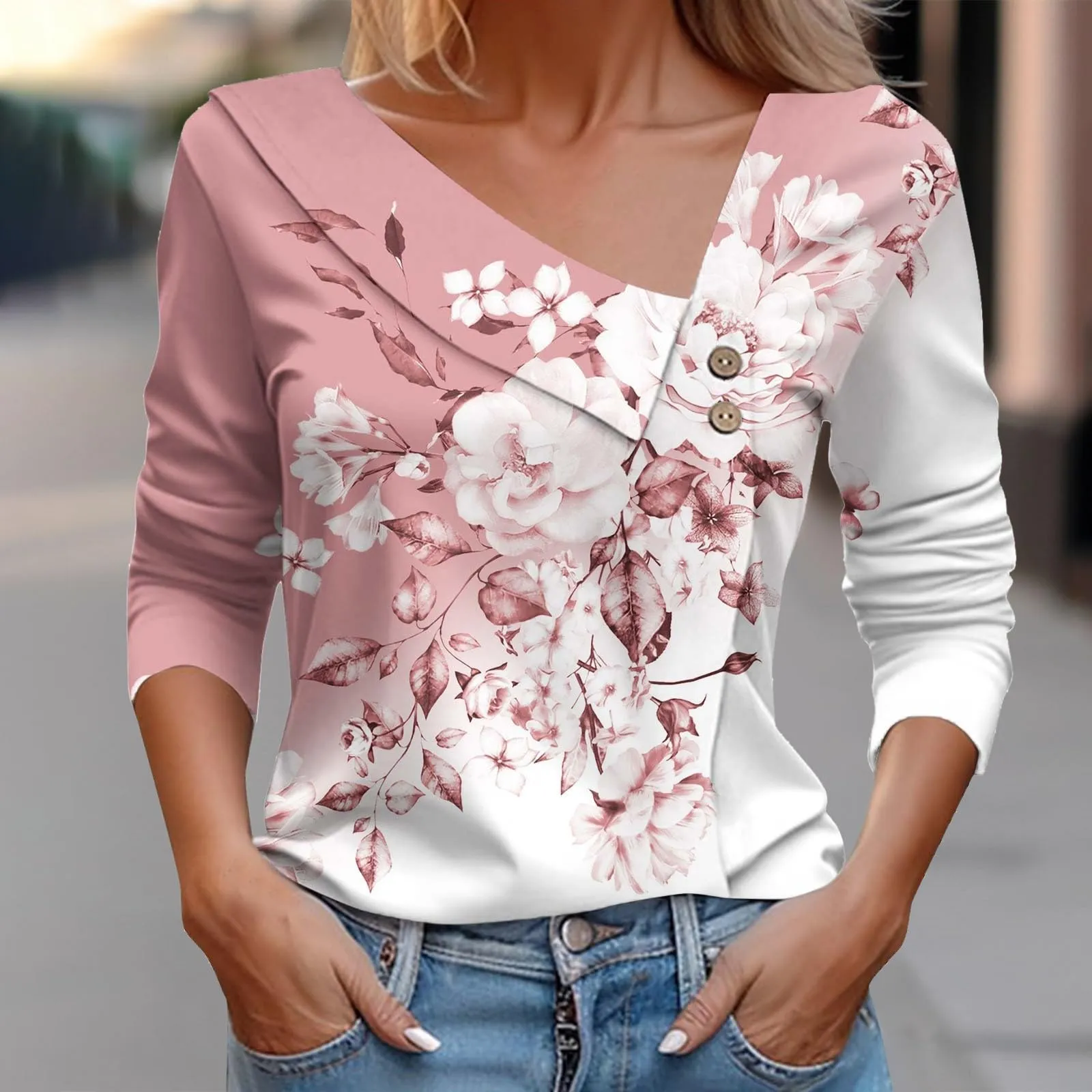 Uwdiohq T-Shirt Stampata Casual a Maniche Lunghe con Scollo a V da Donna - immagine 3