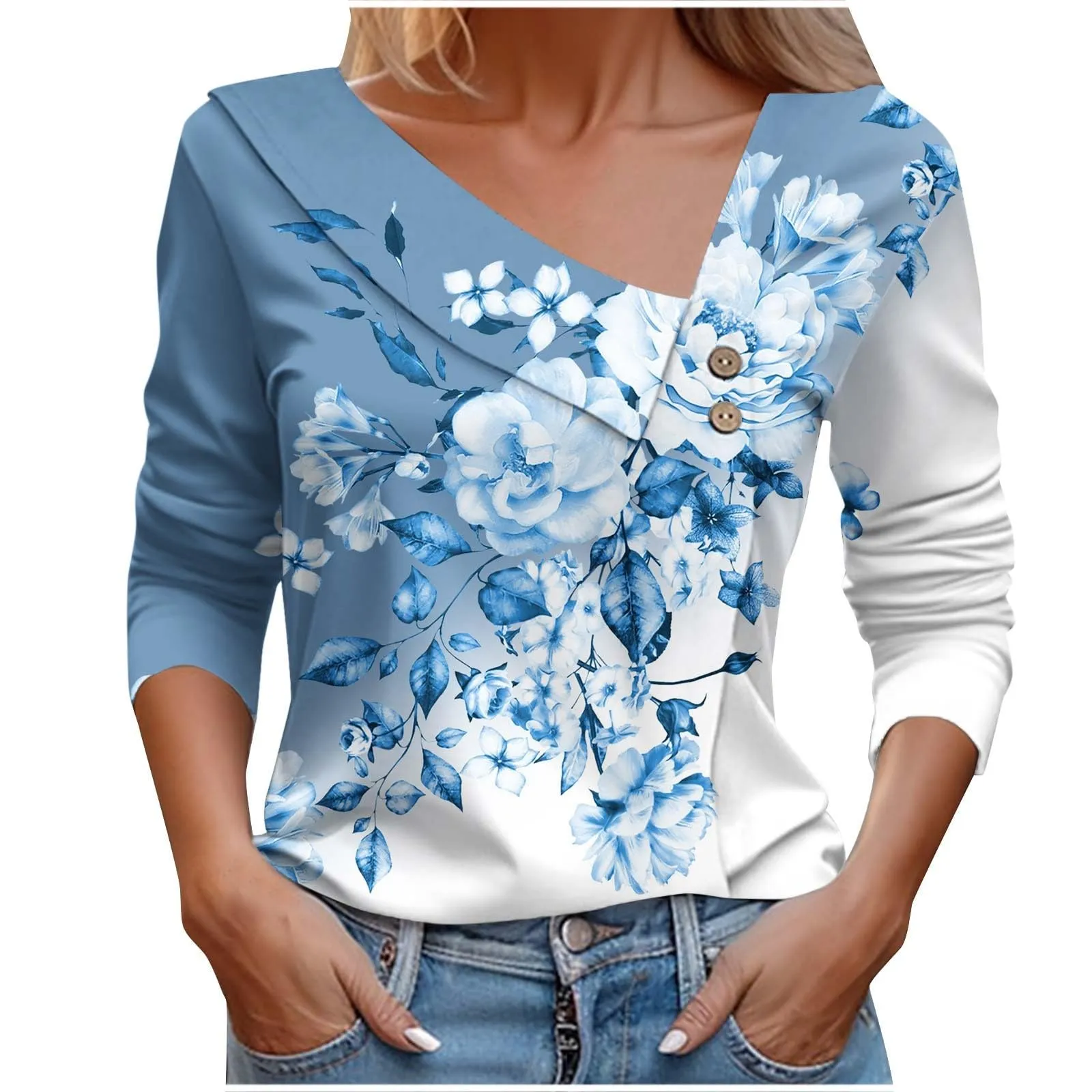 Uwdiohq T-Shirt Stampata Casual Maniche Lunghe Scollo V Donna Primavera/Estate - immagine 1
