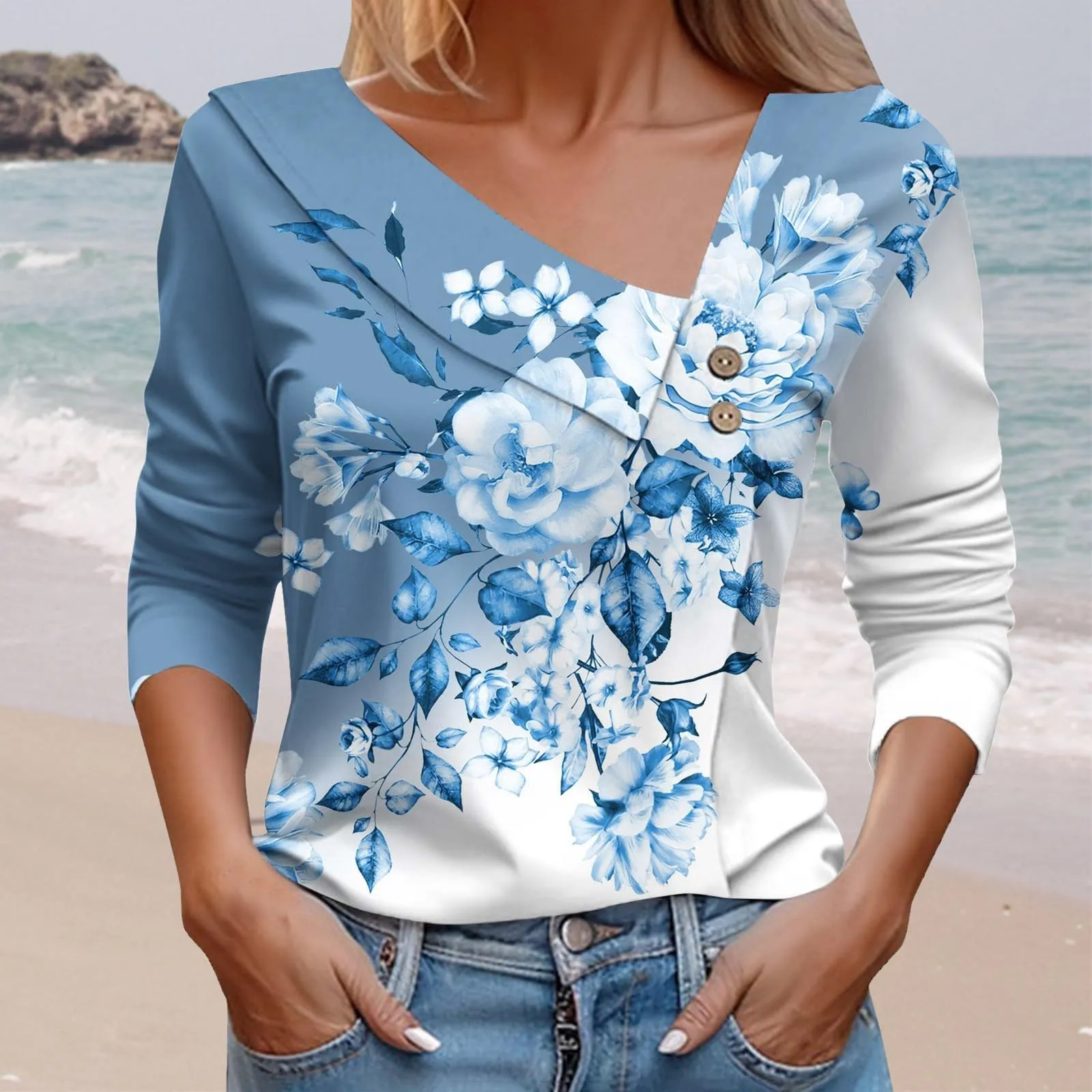 Uwdiohq T-Shirt Donna Maniche Lunghe Scollo A V Primavera/Estate - immagine 2