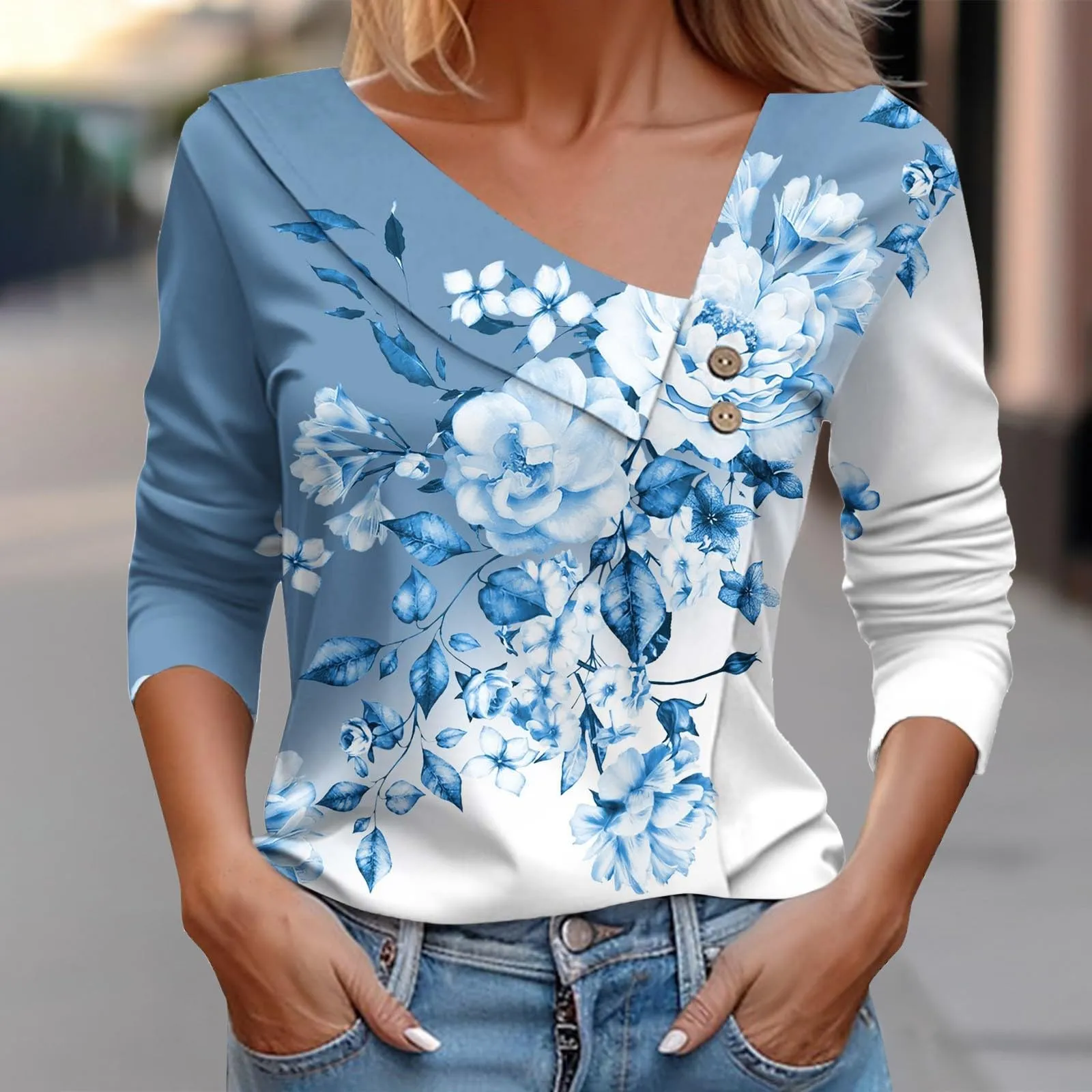Uwdiohq T-Shirt Stampata Donna Maniche Lunghe Scollo V Primavera Estate - immagine 3