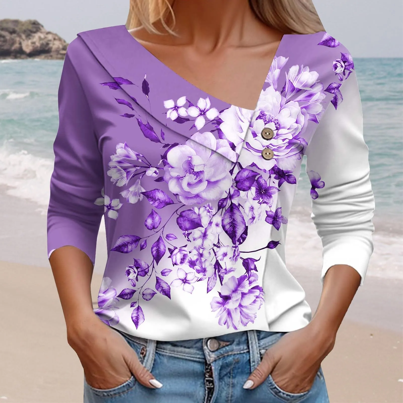 Uwdiohq T-Shirt Stampata Casual a Maniche Lunghe con Scollo a V per Donna in Cotone - immagine 2