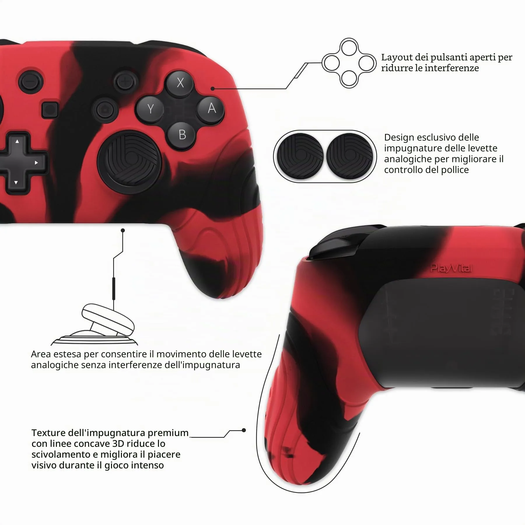 playvital Cover for Nintendo Switch Pro Controller, Nero Rosso - immagine 6