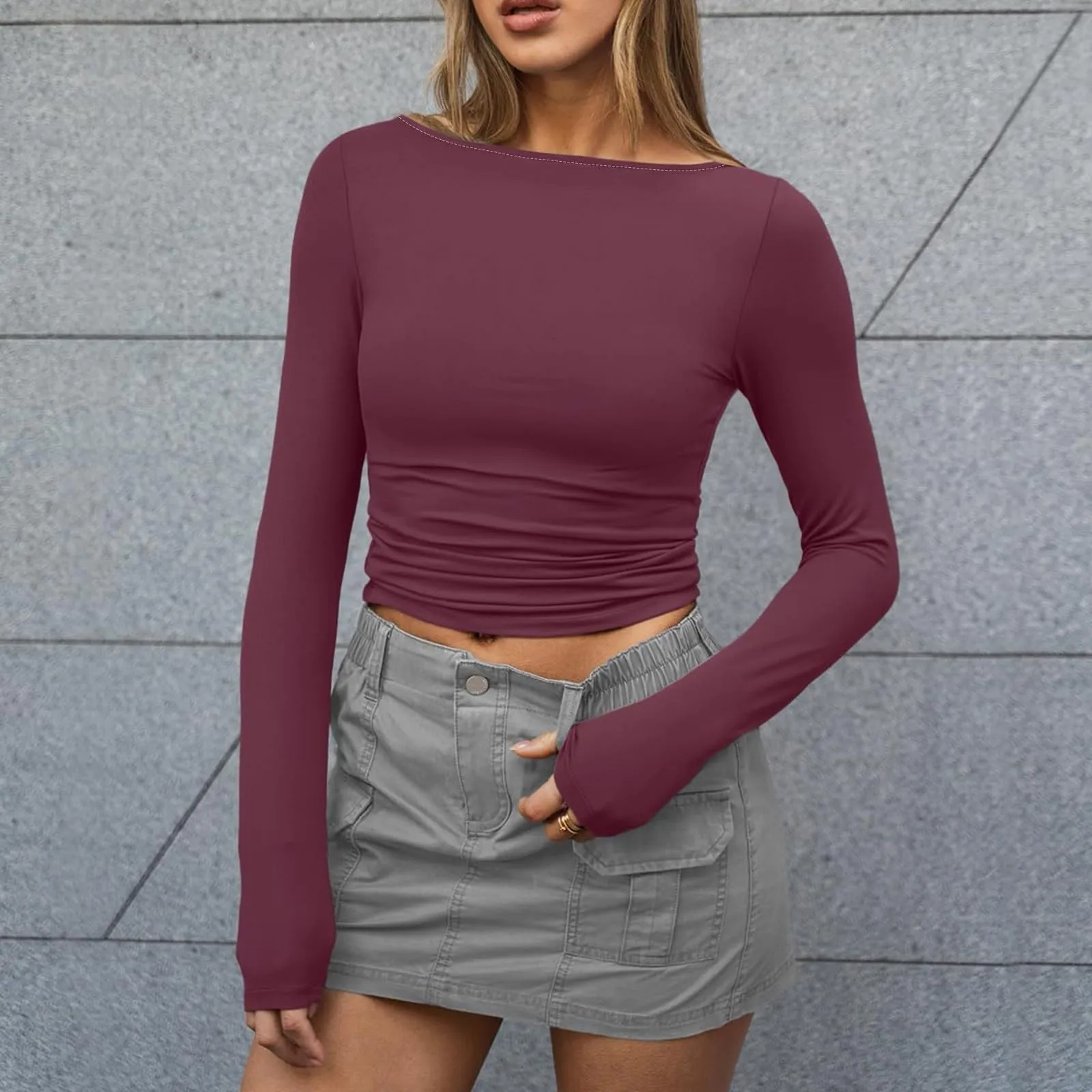 MOKBAY Maglie Donna Curvy T-Shirt Basic Elegante Tinta Unita Scollo a V Manica Lunga Slim Fit L - immagine 2