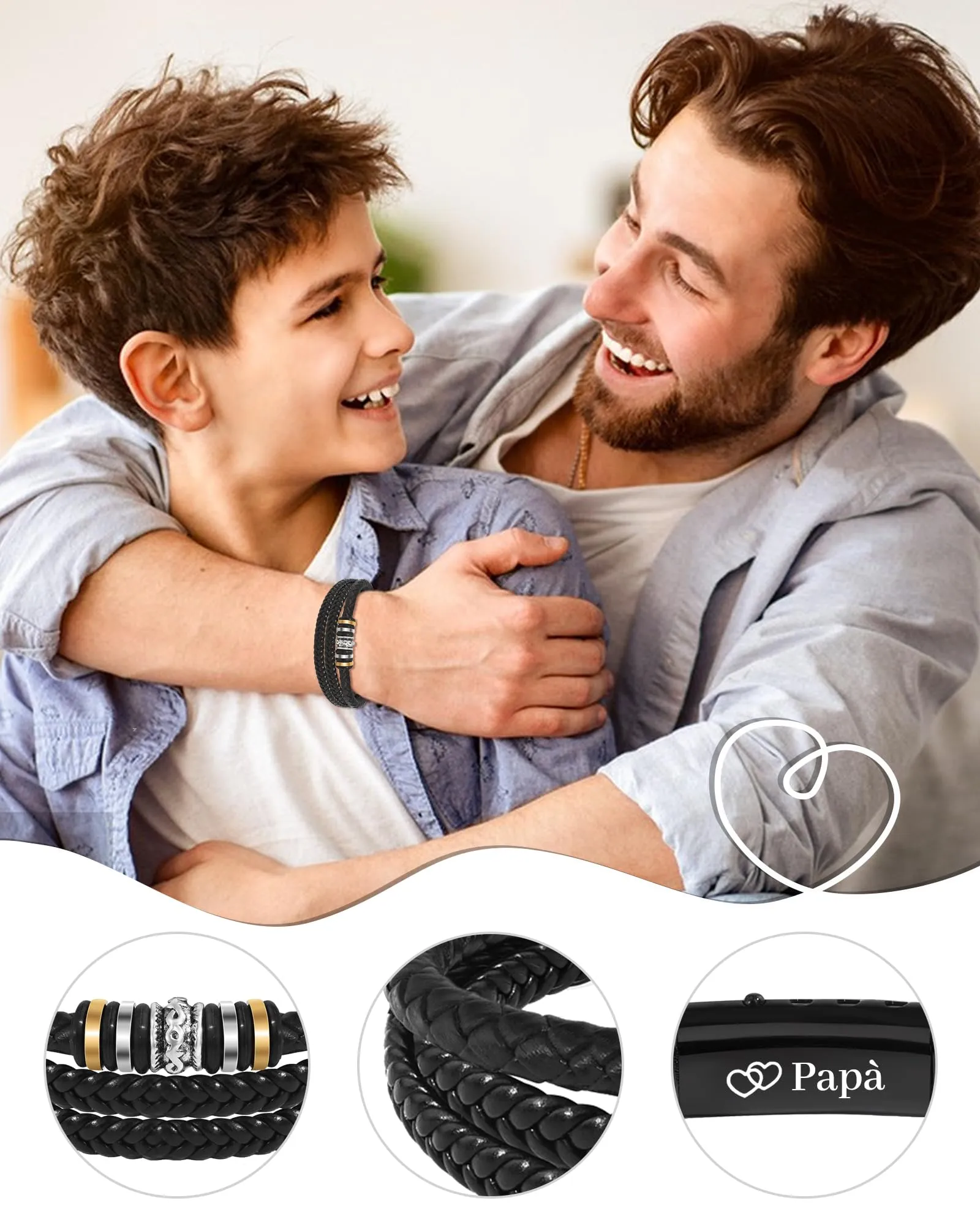 CheersLife Bracciale da Uomo in Pelle e Acciaio Inossidabile per Papà - immagine 2