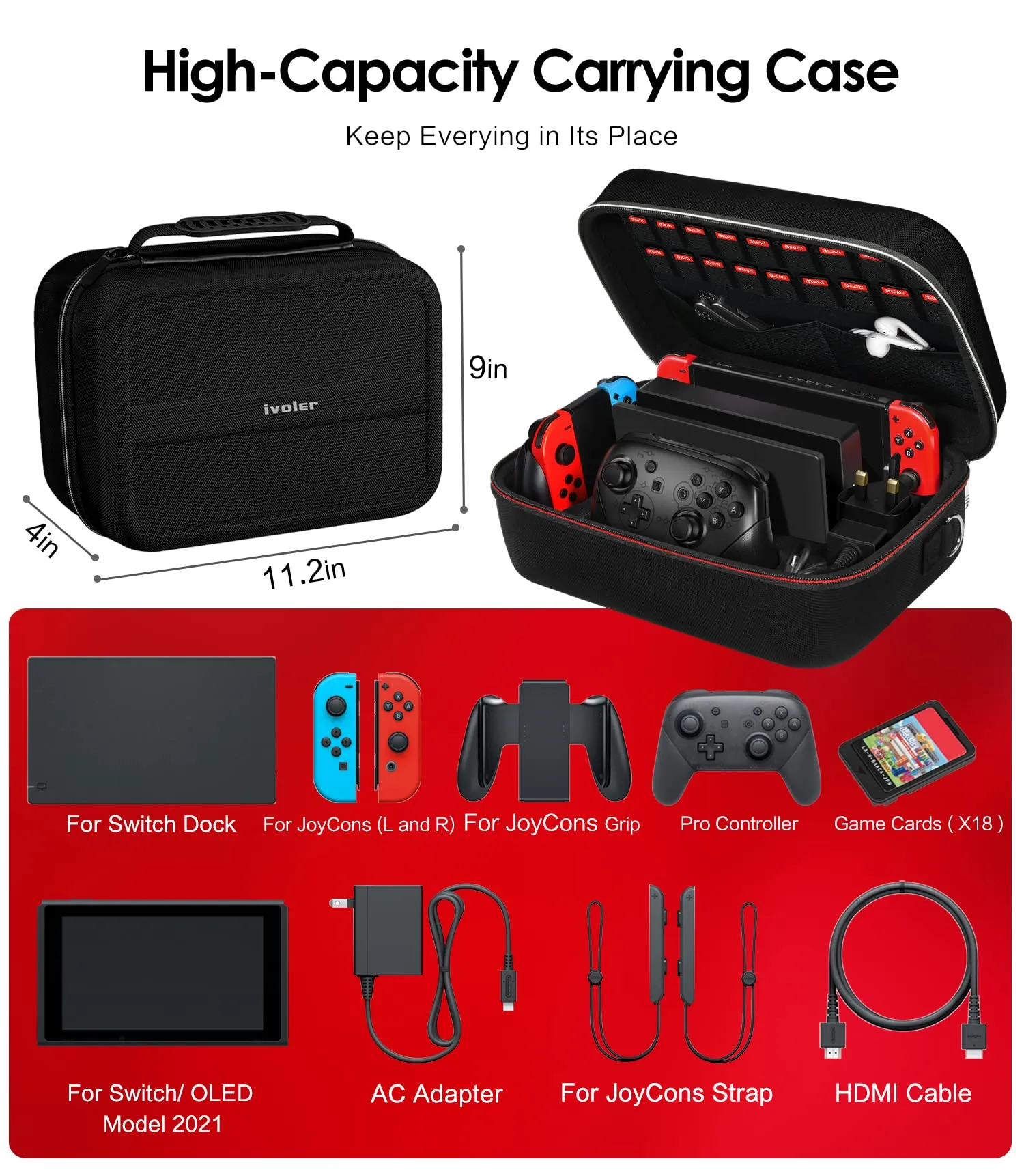 iVoler Custodia di Trasporto Rigida Deluxe per Nintendo Switch, Dock, Caricabatteria, Joy-con Grip e 18 Cartucce di Gioco - Nero - immagine 3