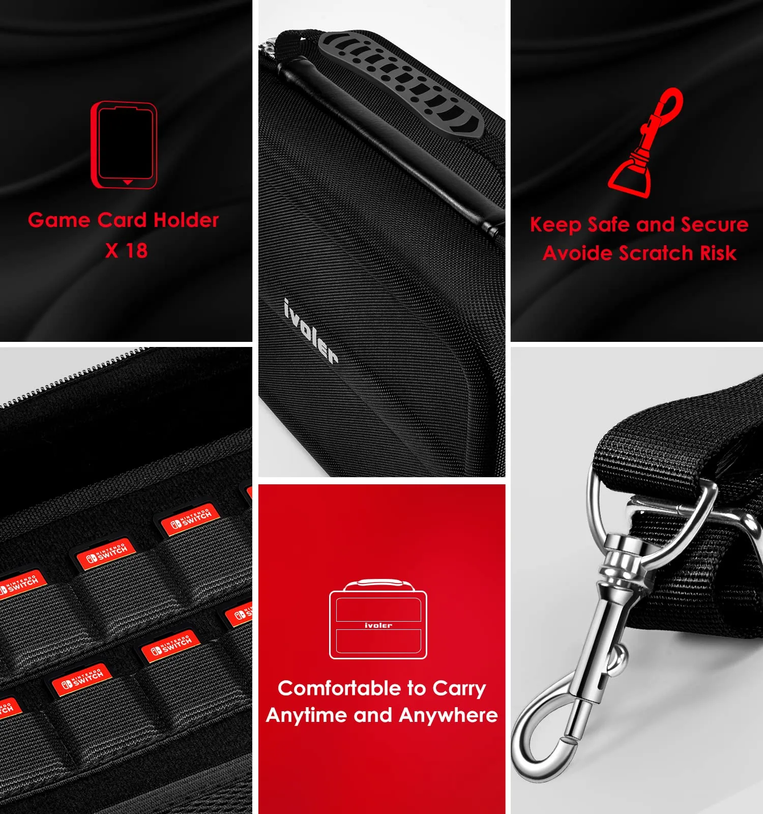 iVoler Custodia di Trasporto Rigida Deluxe per Nintendo Switch, Dock, Caricabatteria, Joy-con Grip e 18 Cartucce di Gioco - Nero - immagine 6