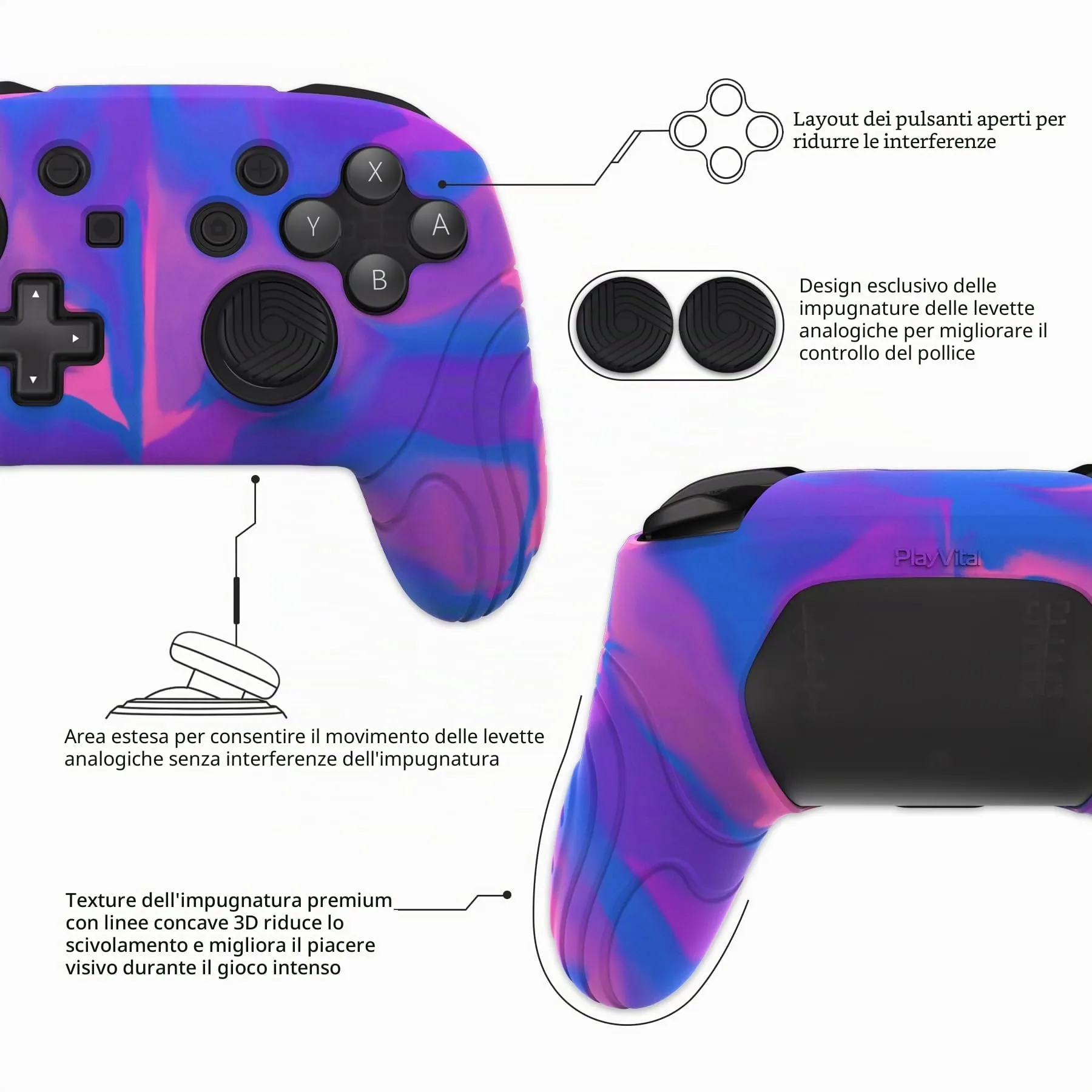 playvital Cover per Nintendo Switch Pro Controller, Rosa Viola Blu - immagine 6