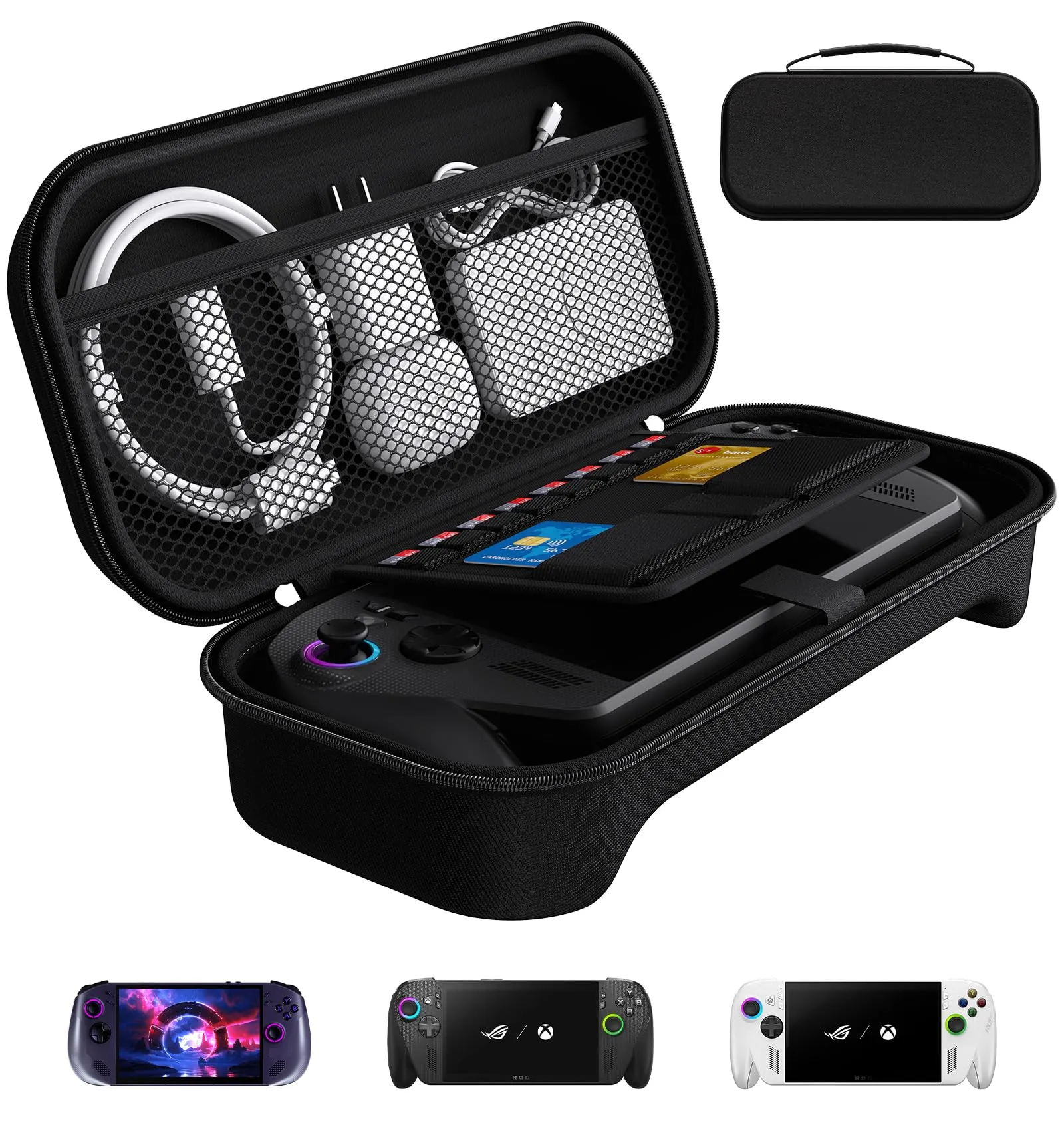 iVoler Custodia Protettiva per ASUS ROG Ally / ROG Ally X, Borsa da Trasporto Antiurto con Scomparto per Caricabatterie e 8 Slot Micro SD - Nero - immagine 1