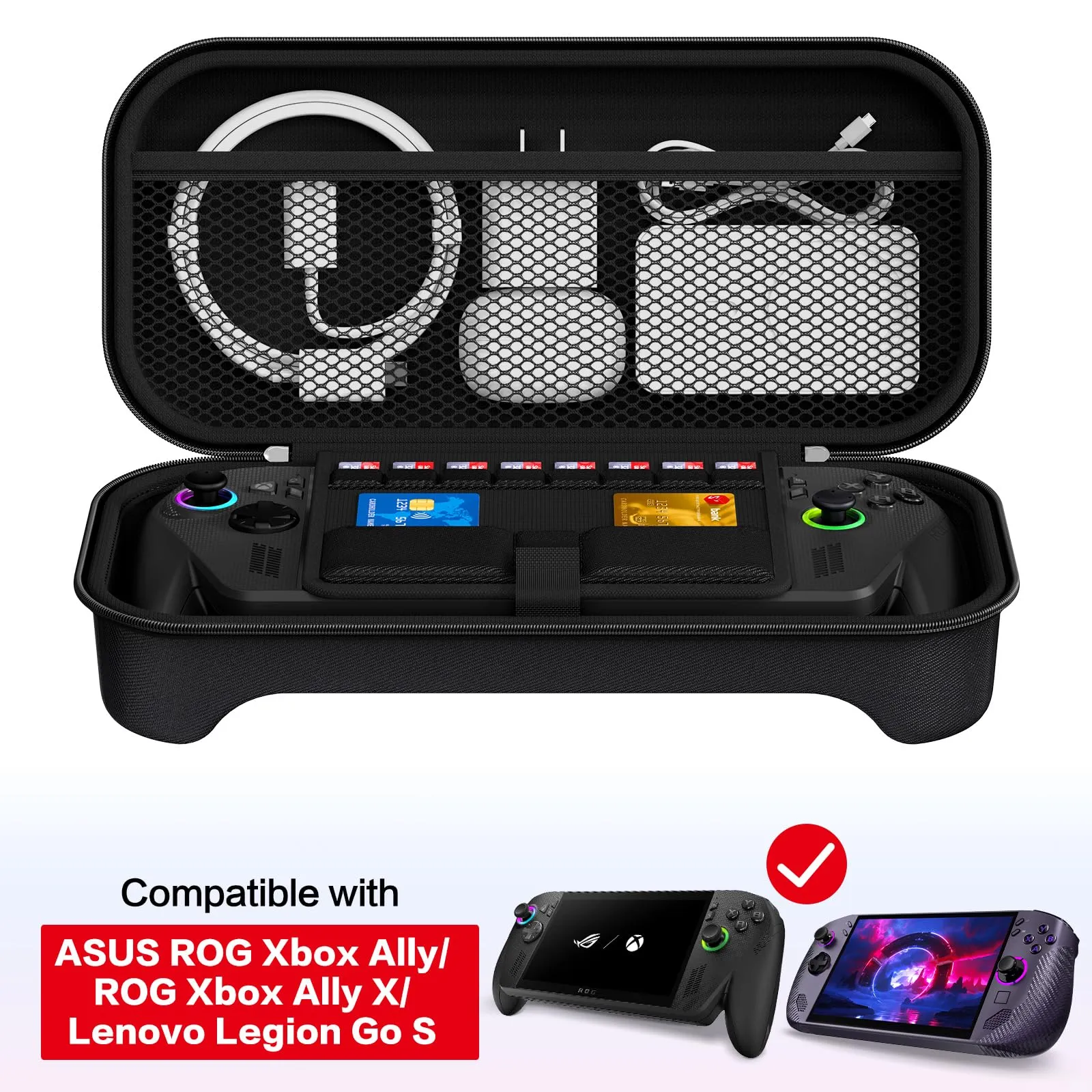iVoler Custodia Protettiva per ASUS ROG Ally / ROG Ally X, Borsa da Trasporto Antiurto con Scomparto per Caricabatterie e 8 Slot Micro SD - Nero - immagine 2