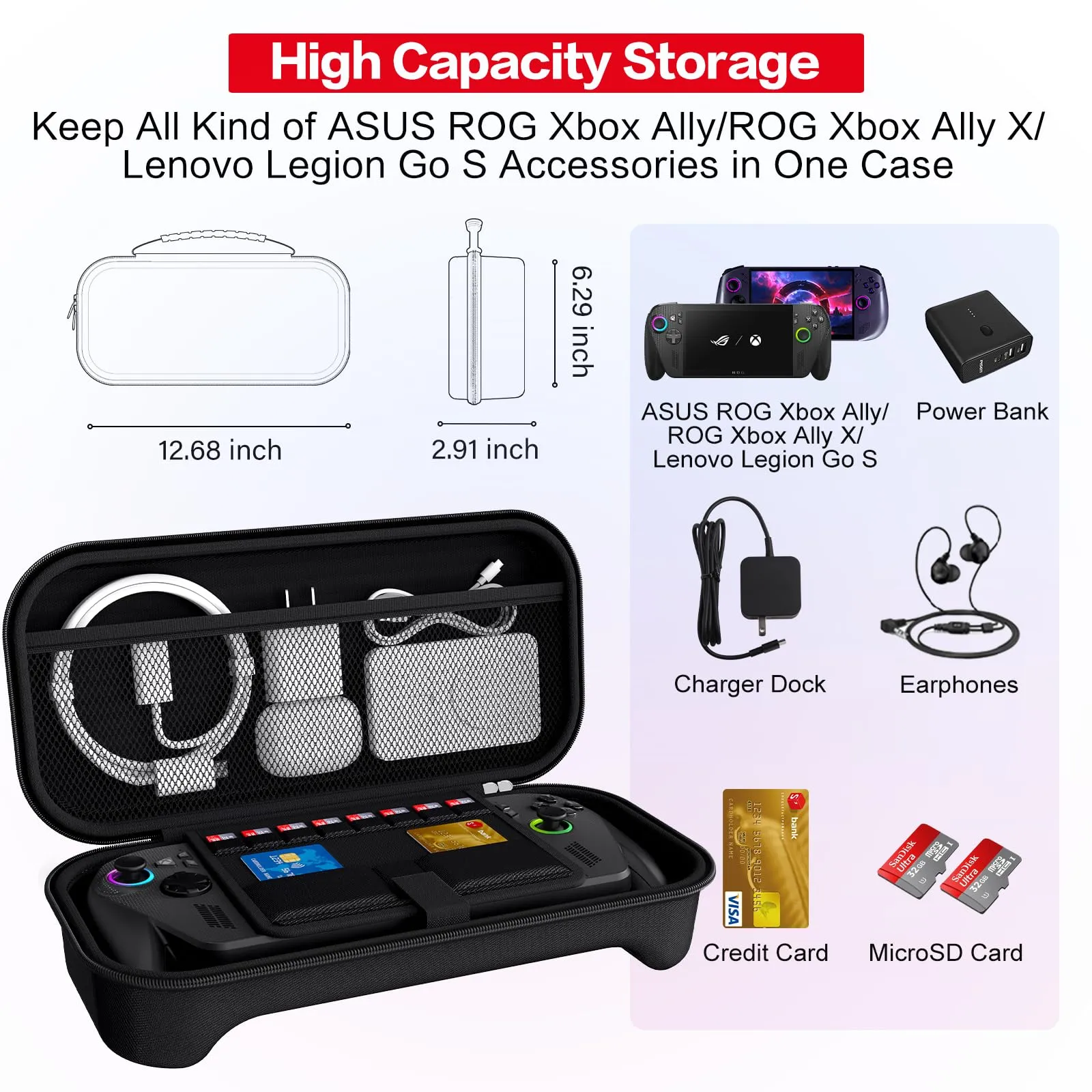 iVoler Custodia Protettiva per ASUS ROG Ally / ROG Ally X, Borsa da Trasporto Antiurto con Scomparto per Caricabatterie e 8 Slot Micro SD - Nero - immagine 3