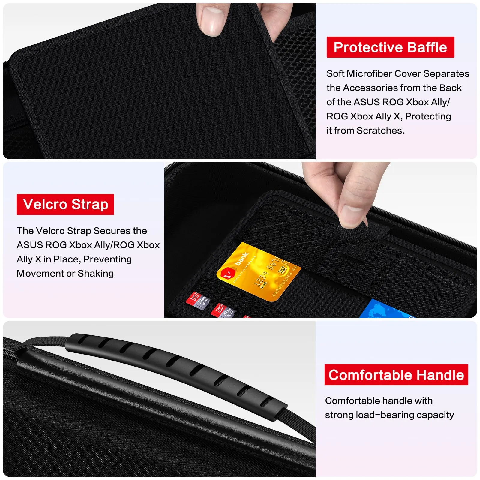 iVoler Custodia Protettiva per ASUS ROG Ally / ROG Ally X, Borsa da Trasporto Antiurto con Scomparto per Caricabatterie e 8 Slot Micro SD - Nero - immagine 4