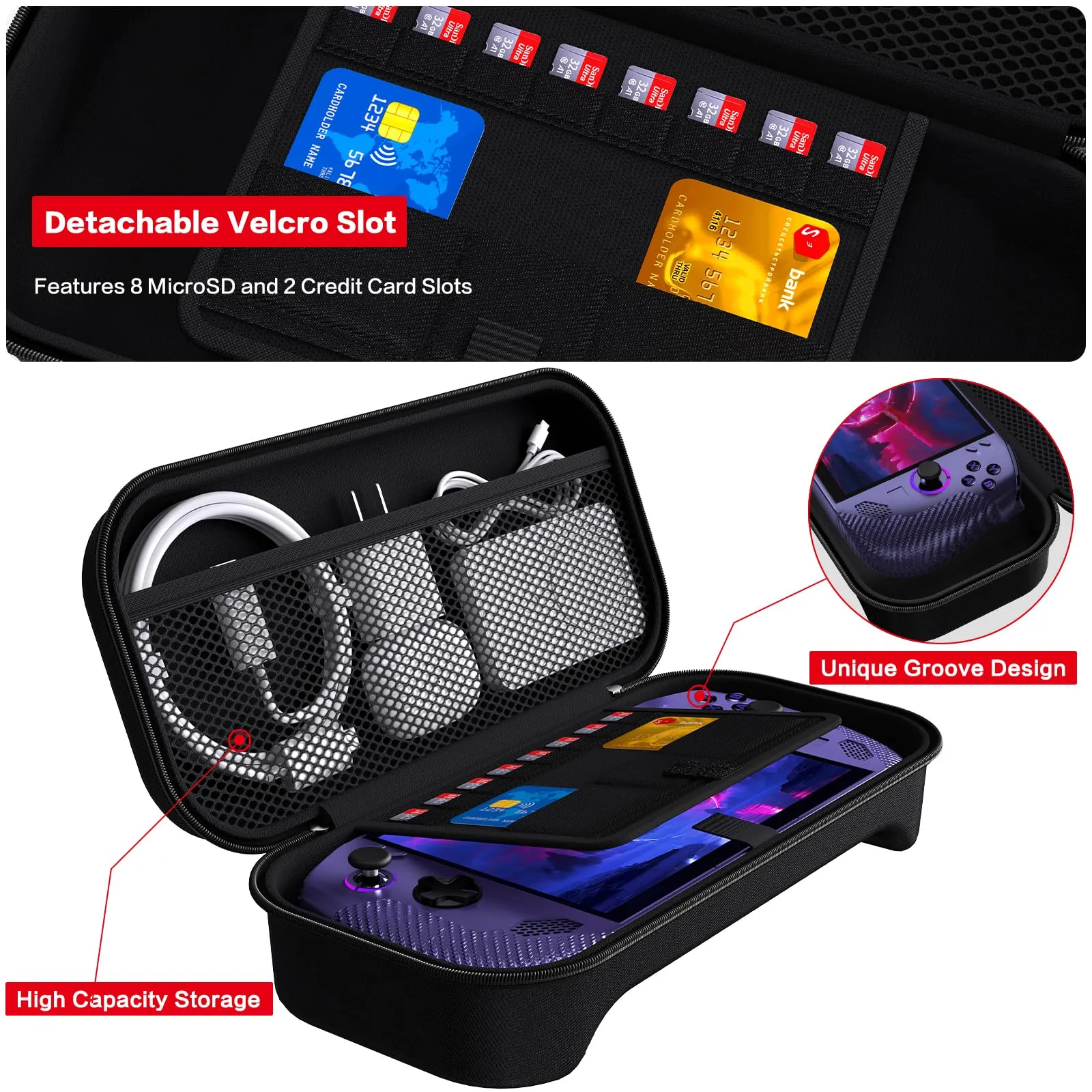 iVoler Custodia Protettiva per ASUS ROG Ally / ROG Ally X, Borsa da Trasporto Antiurto con Scomparto per Caricabatterie e 8 Slot Micro SD - Nero - immagine 5