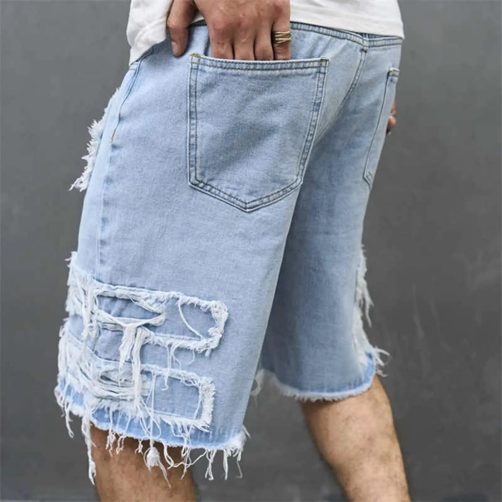Pantaloni Jeans Shorts Uomo Cowboy Hip Hop Style Y2K Streetwear Baggy Unisex Bermuda con Schizzi di Vernice - immagine 7