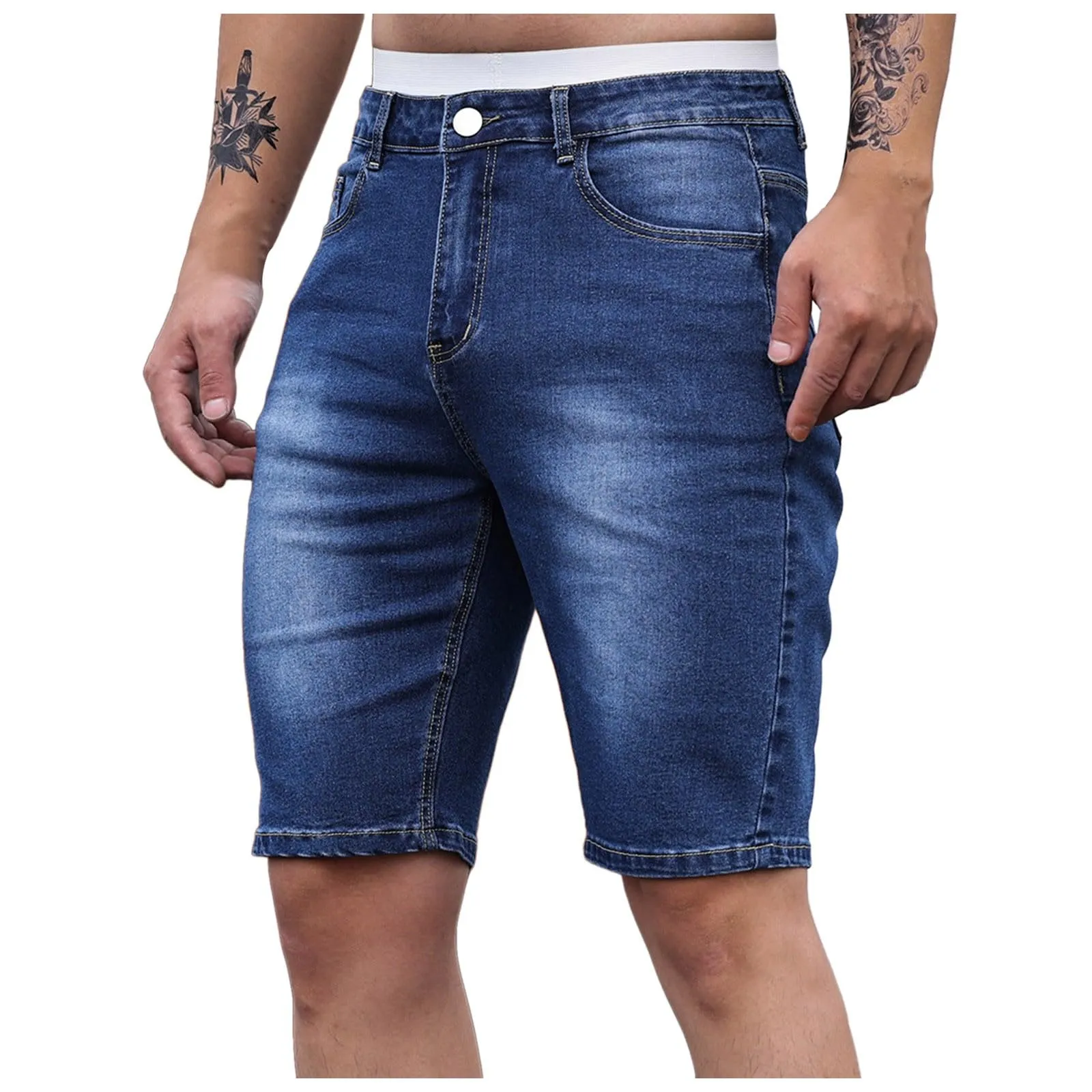 Generic Pantaloncini Jeans Uomo Slim Fit Elasticizzati Strappati Denim Shorts Bermuda con Tasche - immagine 1