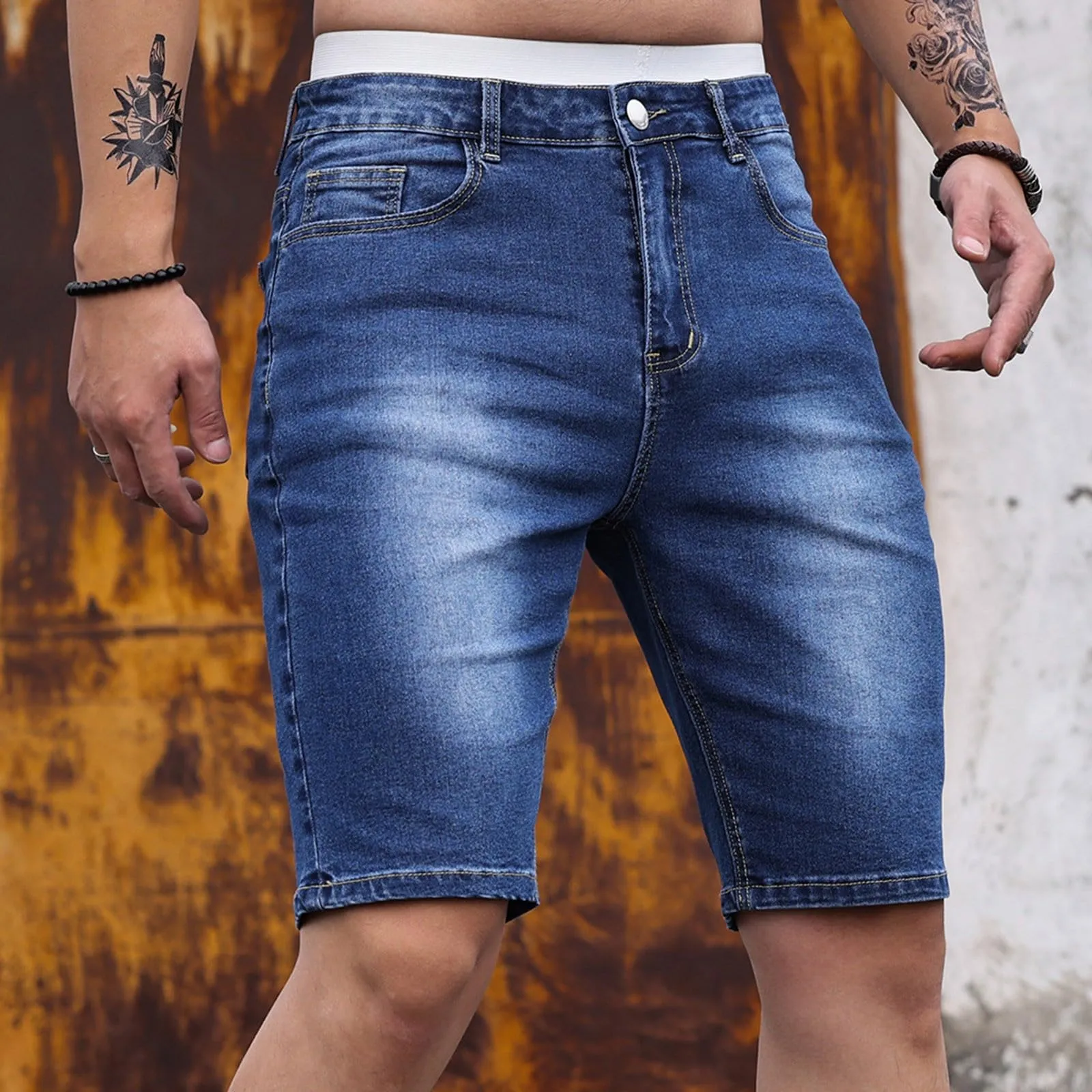 Generic Pantaloncini Jeans Uomo Slim Fit Elasticizzati Strappati Denim Shorts Bermuda con Tasche - immagine 3