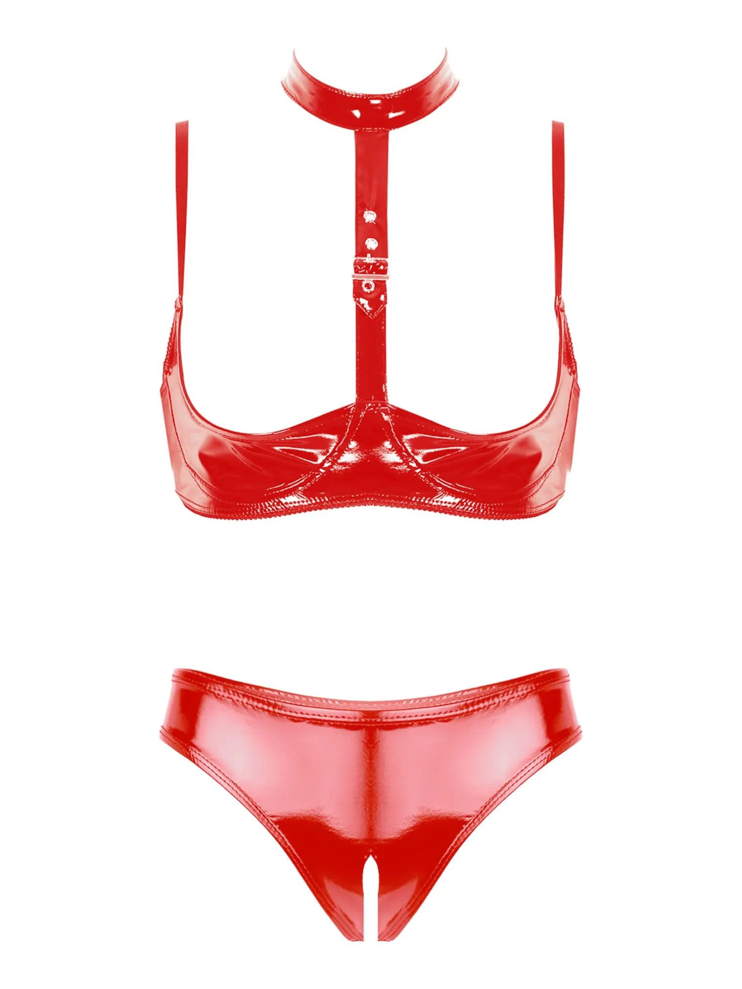 FEESHOW Set Intimo Donna in Pelle Verniciata Reggiseno Push Up e Slip Aperto, Rosso, S - immagine 1