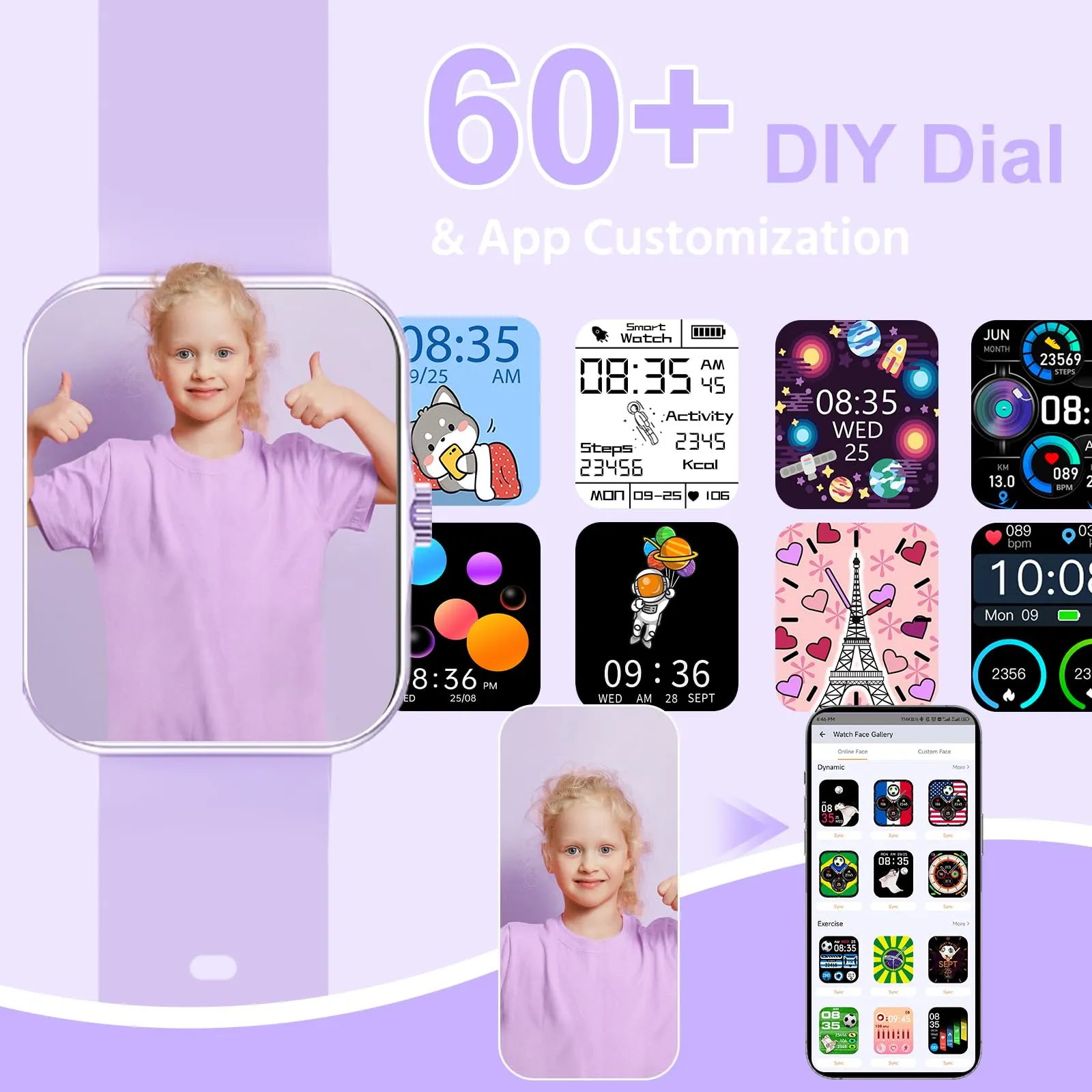 PTHTECHUS S80K Smartwatch Fitness 1.83" per Bambini e Adolescenti 8-16, 25 Modalità Sportive, Monitoraggio Frequenza Cardiaca e Sonno, Bluetooth, Purple - immagine 3