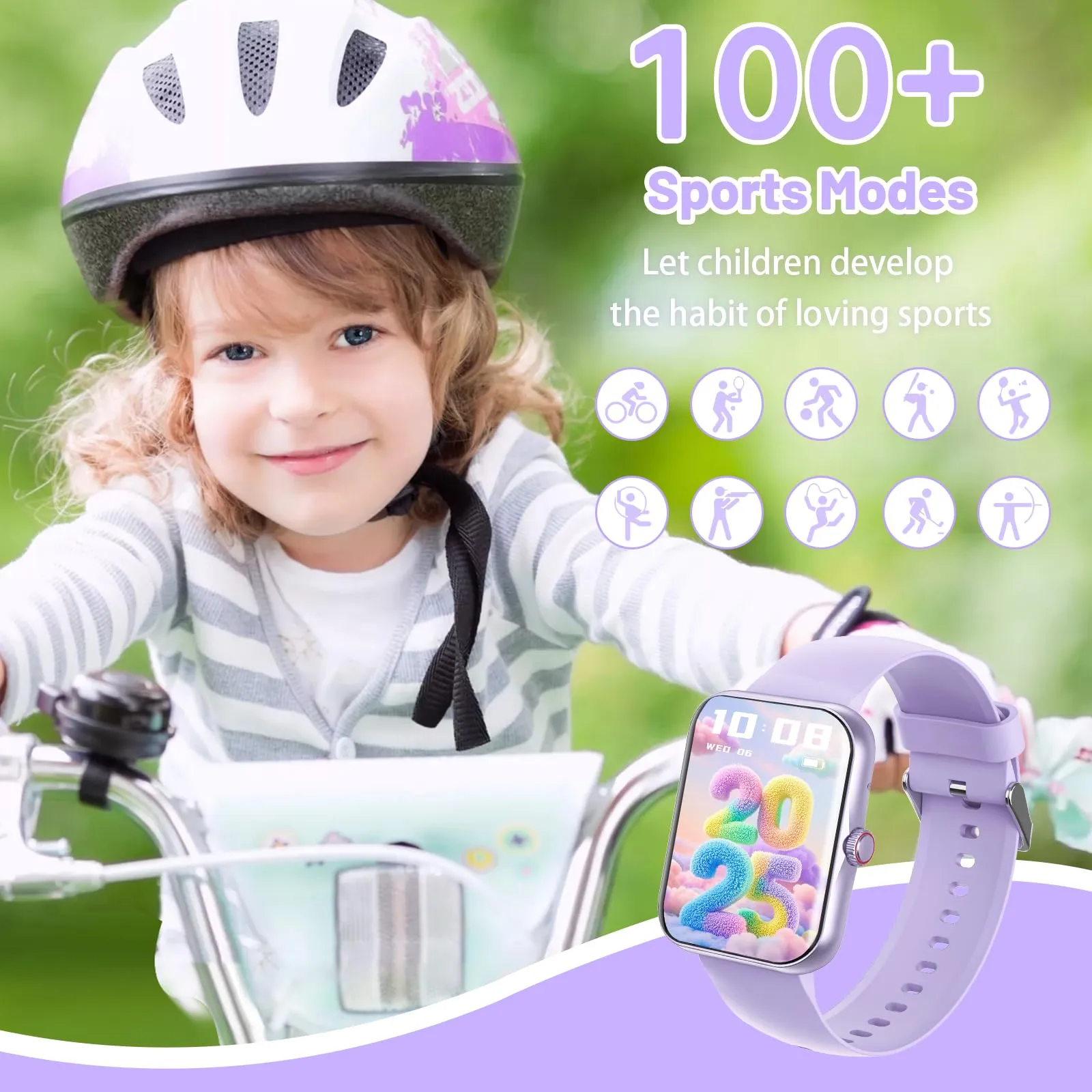 PTHTECHUS S80K Smartwatch Fitness 1.83" per Bambini e Adolescenti 8-16, 25 Modalità Sportive, Monitoraggio Frequenza Cardiaca e Sonno, Bluetooth, Purple - immagine 7