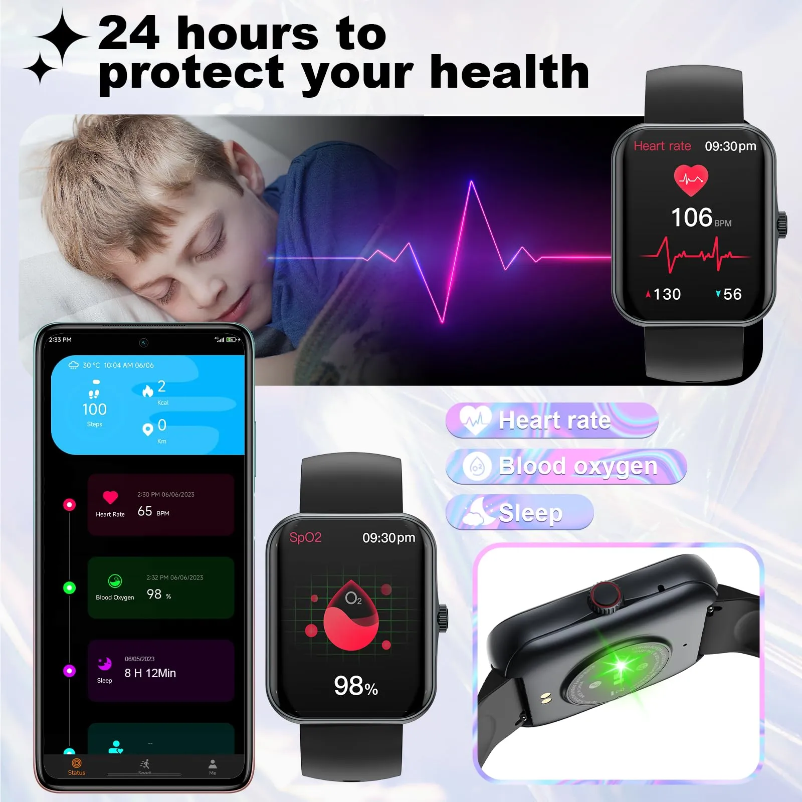 PTHTECHUS Smartwatch Fitness per Bambini e Adolescenti 6-16, 1.69" Display, 25 Modalità Sportive, Notifiche Messaggi (2D DE S80K-Black) - immagine 3