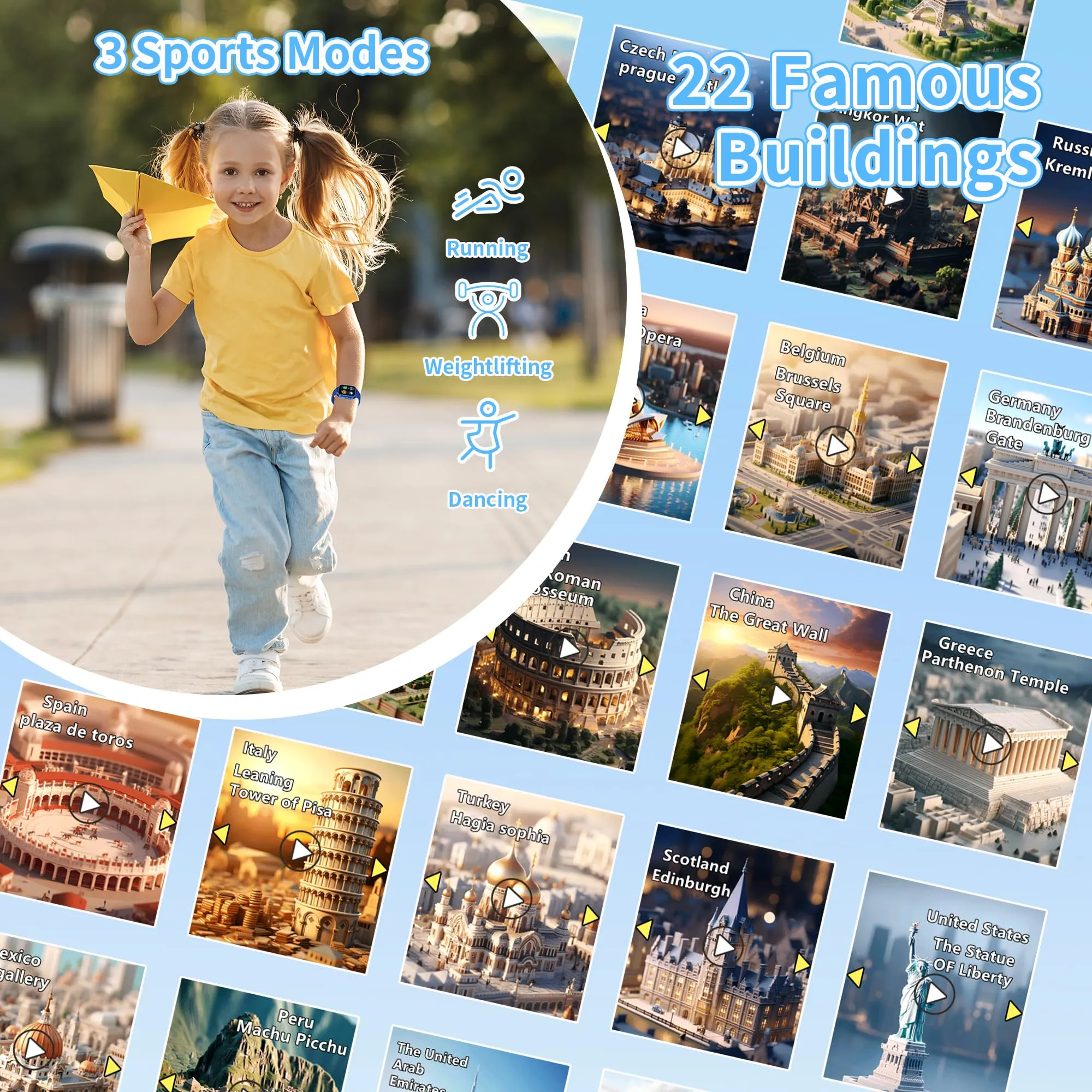 Moikmlih Smartwatch per Bambini con 32 Giochi, Fotocamera, 3 Modalità Sportive, Contapassi, Audiobook e 22 Sfondi Animati - immagine 3