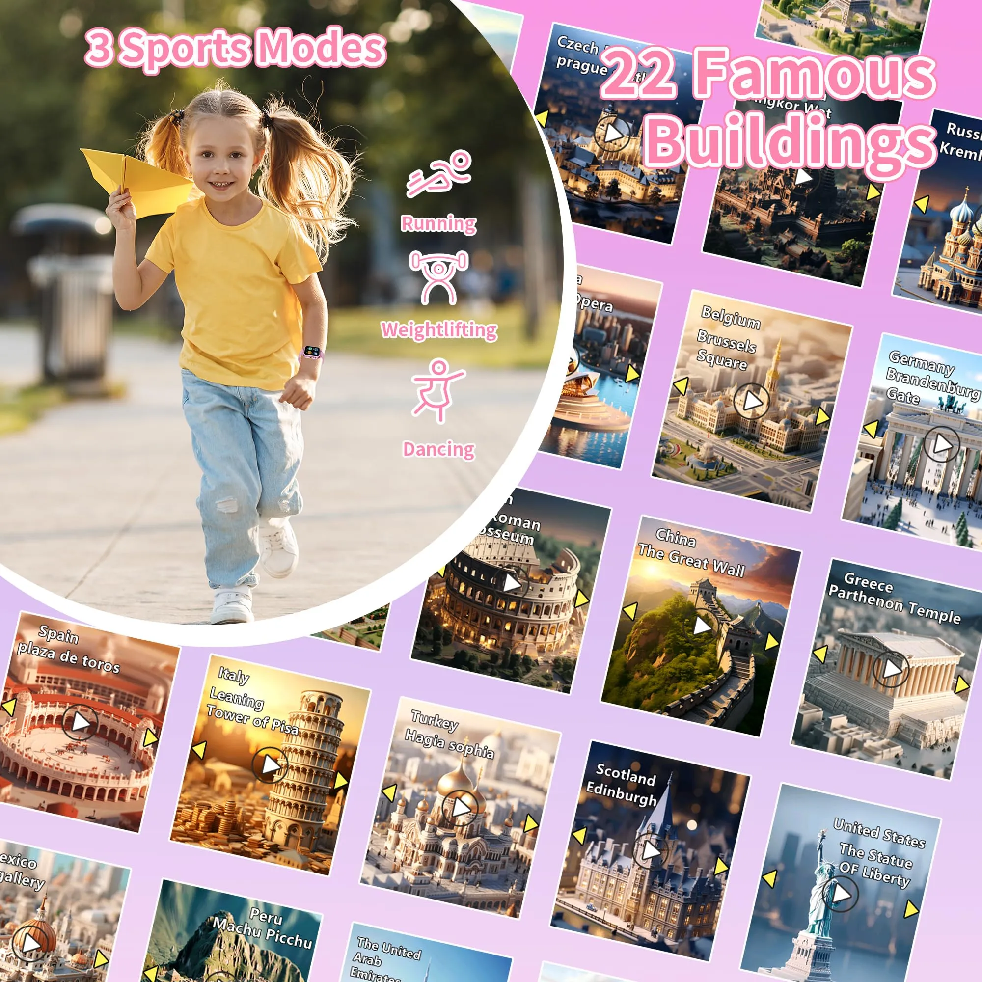 Moikmlih Smartwatch per Bambini con 32 Giochi, Fotocamera, 3 Modalità Sportive, Contapassi e 22 Sfondi Animati - immagine 2