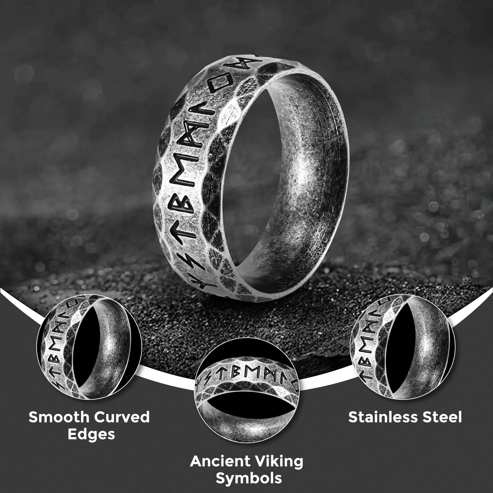 MERTTURM Anello Vichingo Vintage da Uomo in Acciaio Inossidabile con Rune, Taglia 14, Argento Effetto Anticato - immagine 4
