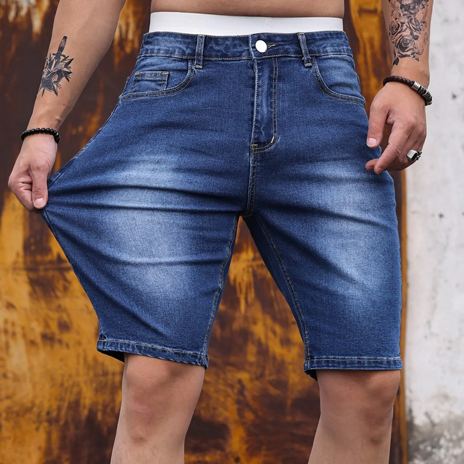Generic Pantaloncini Jeans Uomo Slim Fit Elasticizzati Strappati con Tasche Laterali - immagine 5