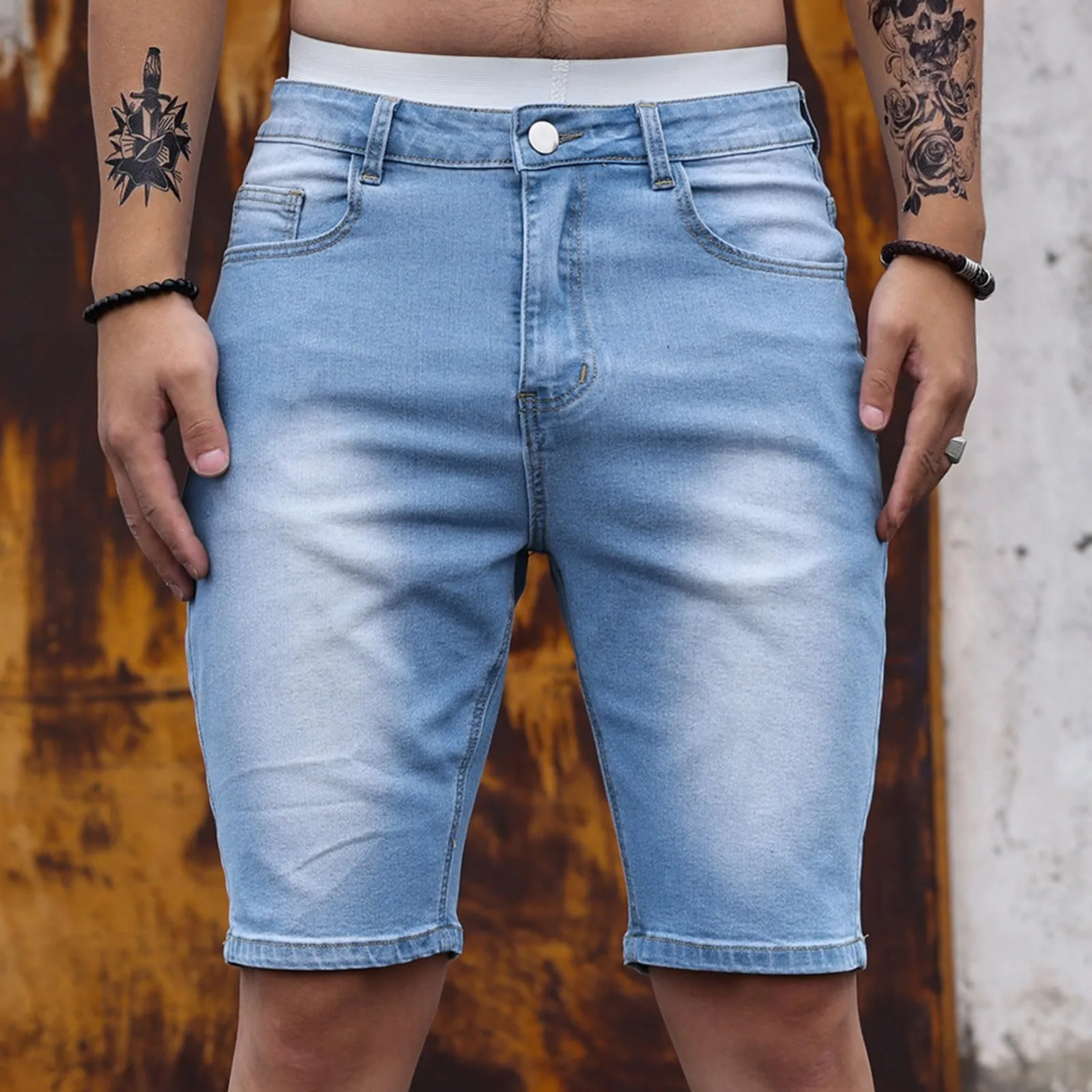 Generic Pantaloncini Jeans Uomo Elasticizzati Slim Fit Strappati Denim Shorts Bermuda con Tasche - immagine 3