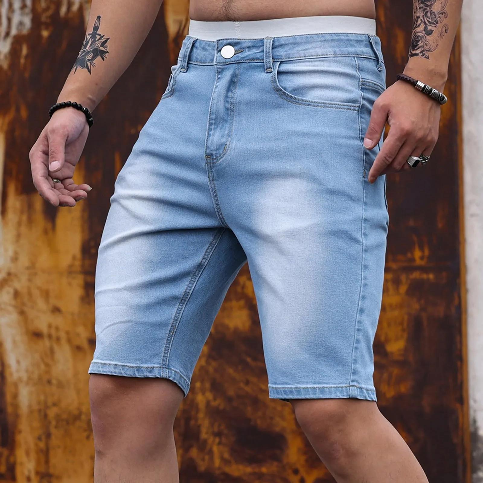 Generic Pantaloncini Jeans Uomo Elasticizzati Slim Fit Strappati Denim Bermuda con Tasche Laterali - immagine 2
