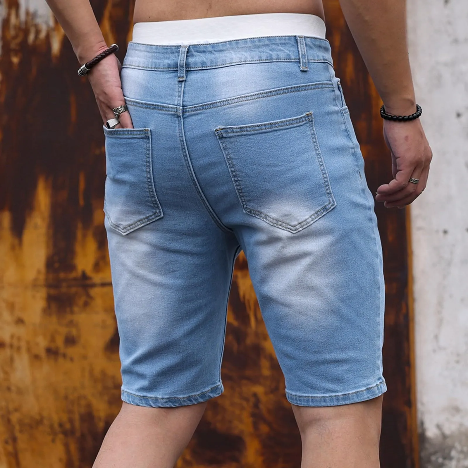 Generic Pantaloncini Jeans Uomo Elasticizzati Slim Fit Strappati Denim Bermuda con Tasche Laterali - immagine 5