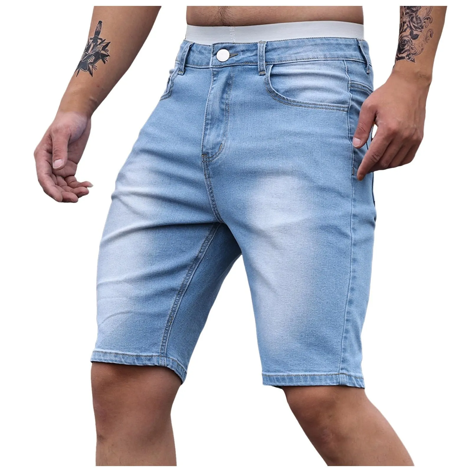 Generic Pantaloncini Jeans Uomo Slim Fit Elasticizzati Strappati con Tasche - immagine 1