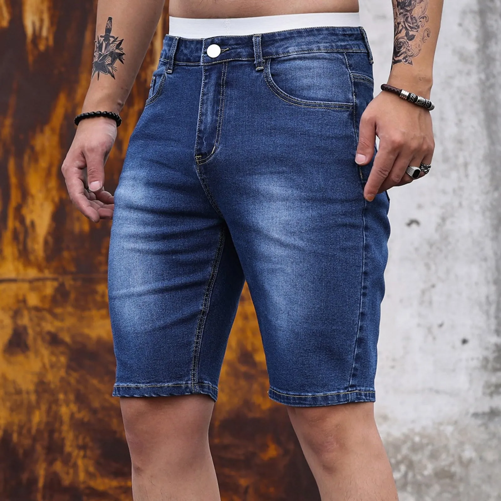 Generic Pantaloncini Jeans Uomo Elasticizzati Slim Fit Strappati Denim Shorts Bermuda con Tasche Laterali - immagine 2