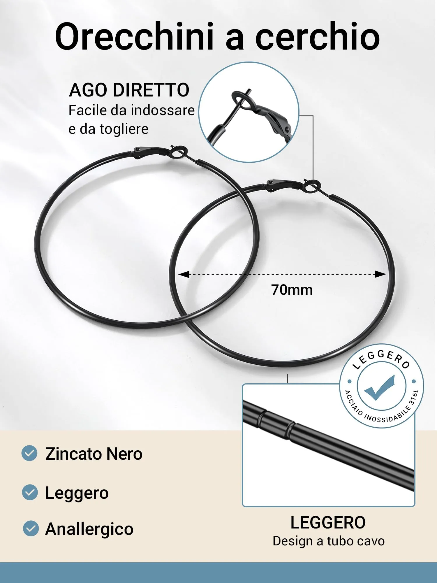 PROSTEEL Orecchini a Cerchio Donna Diametro 30/50/70/100mm Stile Vintage Y2K Minimalismo Argento Nero Oro Acciaio Inox 316L - immagine 3