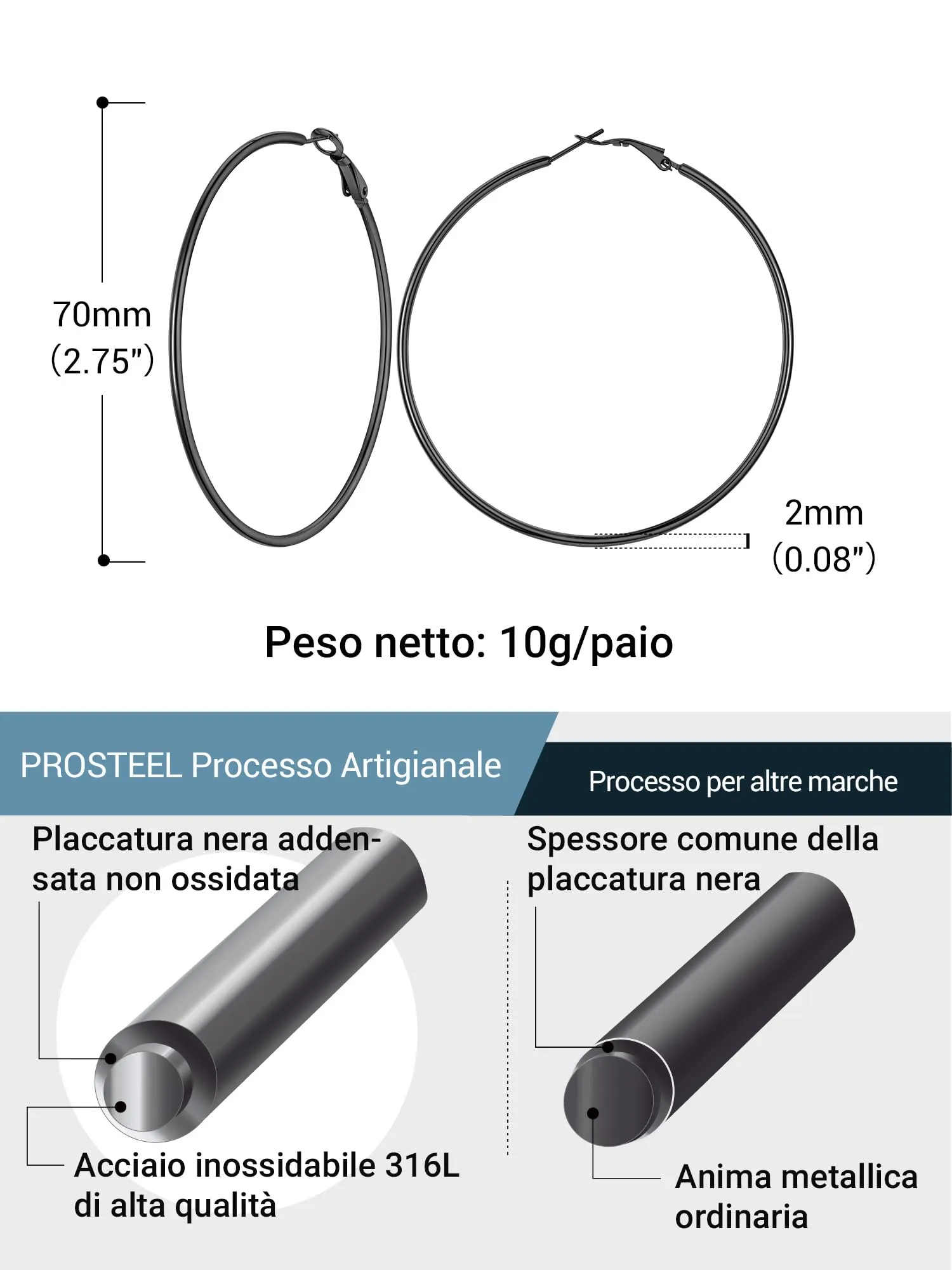 PROSTEEL Orecchini a Cerchio Donna Diametro 30/50/70/100mm Stile Vintage Y2K Minimalismo Argento Nero Oro Acciaio Inox 316L - immagine 5