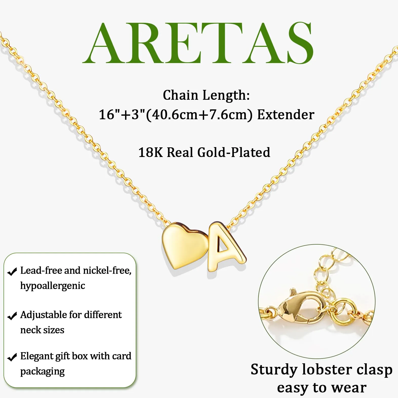 Aretas Collana personalizzata con cuore e iniziale A-Z in rame color oro per donna - immagine 4