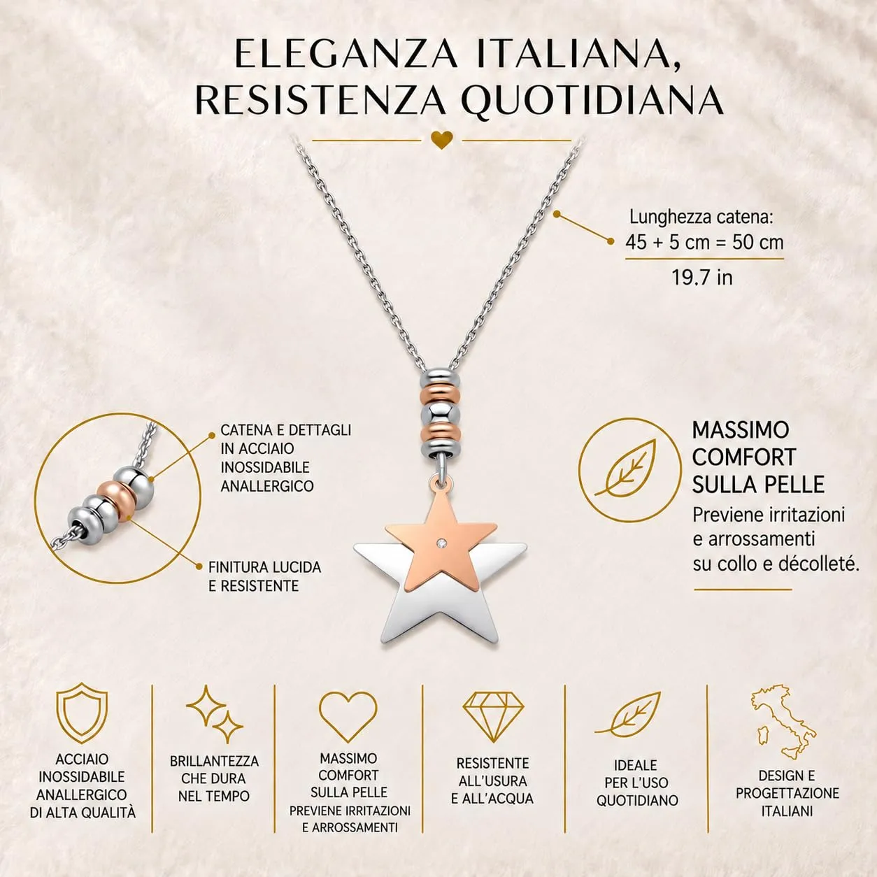 Dada Gioielli Collana Donna Portafortuna Quadrifoglio Stella Cuore con Zircone 45+5 cm (Stella) - immagine 4