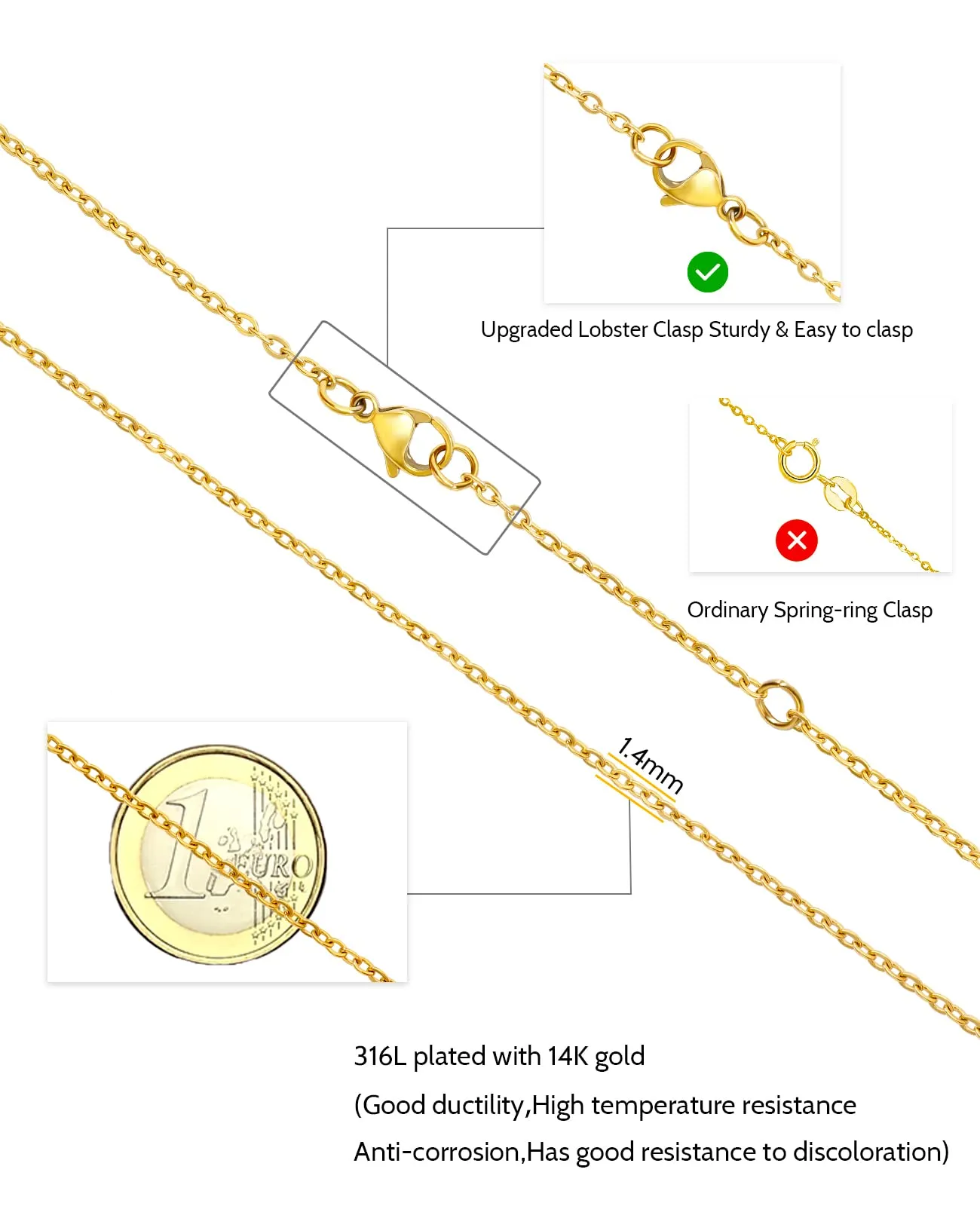 OSTAN Collana Catena d'ancora Donna, 1,4 mm, 50-55cm, Placcato Oro 14K 18K - immagine 4