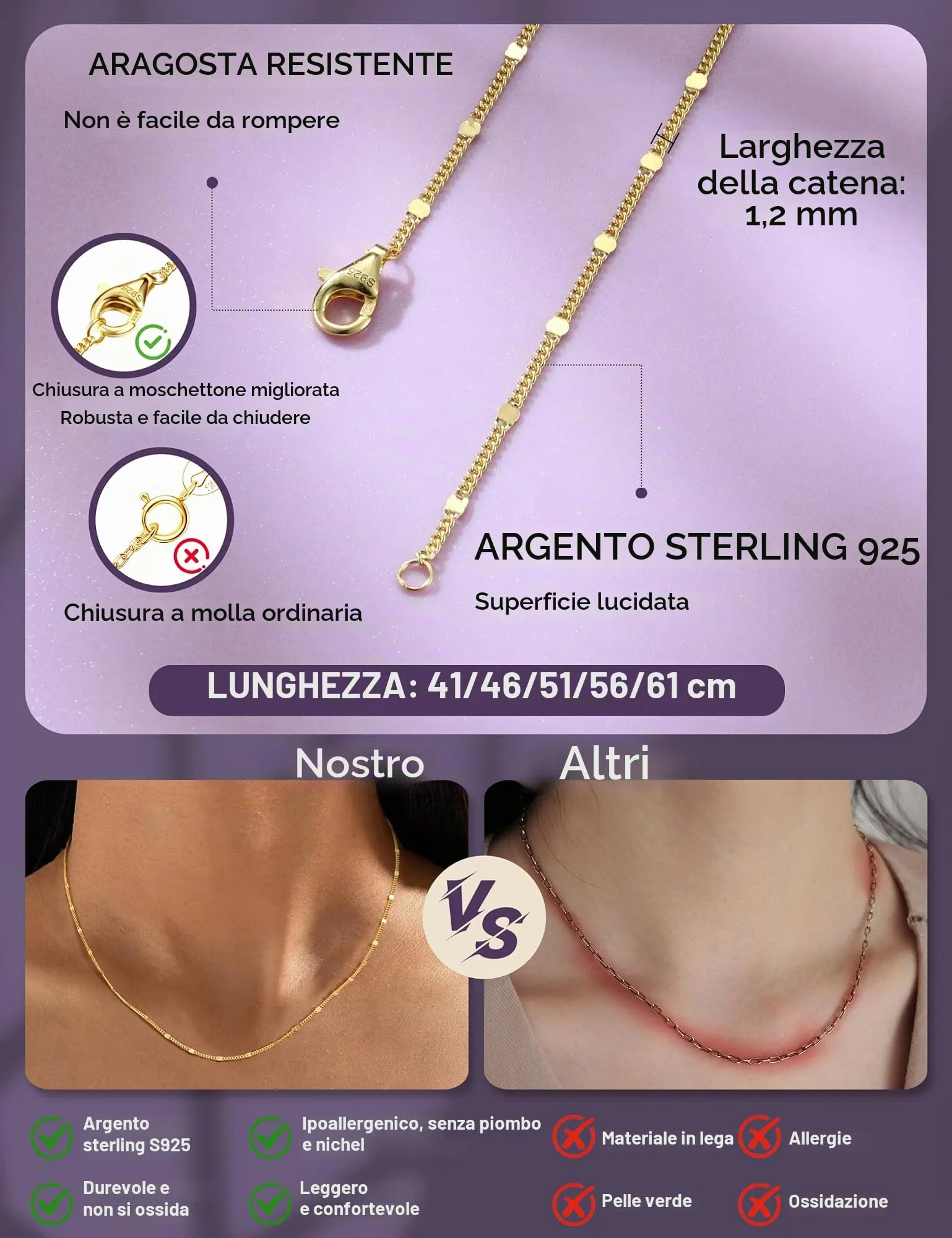 CASSIECA Collana Argento 925 Placcata Oro 18K a Disco 1,2mm 46cm - immagine 5