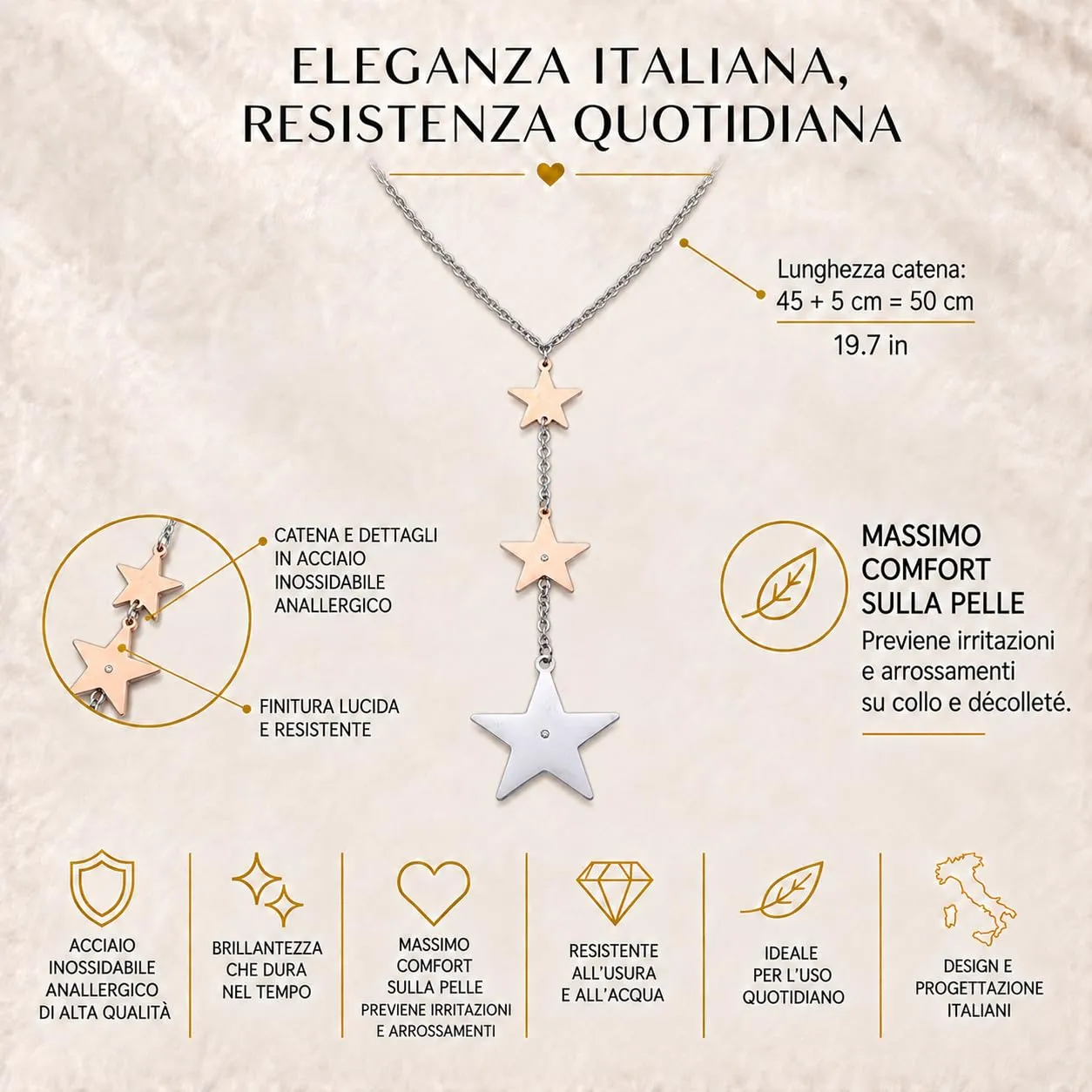 Dada Gioielli Collana Donna Portafortuna Quadrifoglio Stella Cuore con Zircone 45+5 cm (3 Stelle) - immagine 4
