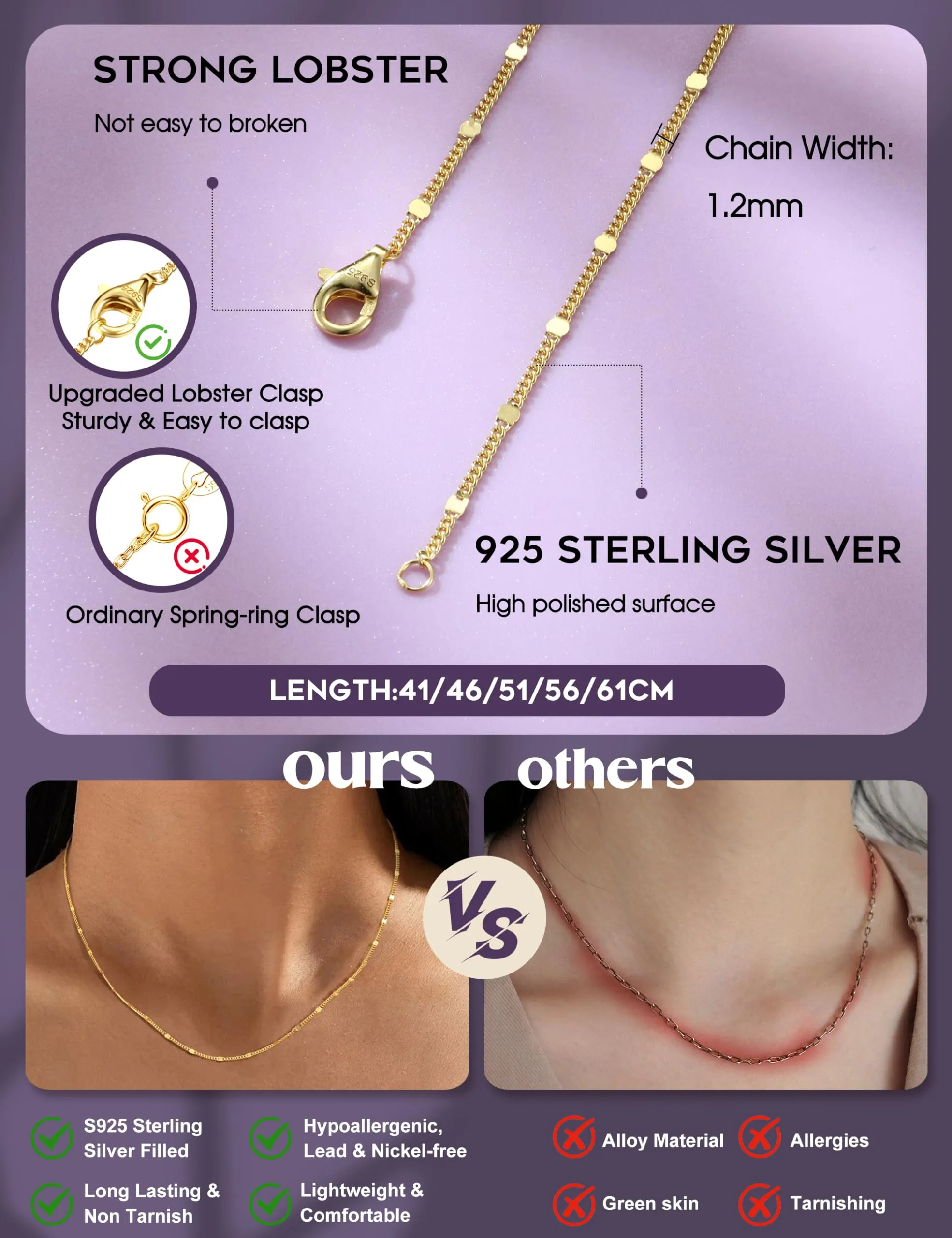 CASSIECA Collana in Argento 925 Placcata Oro 18K con Disco, 1,2mm, 61cm - immagine 5